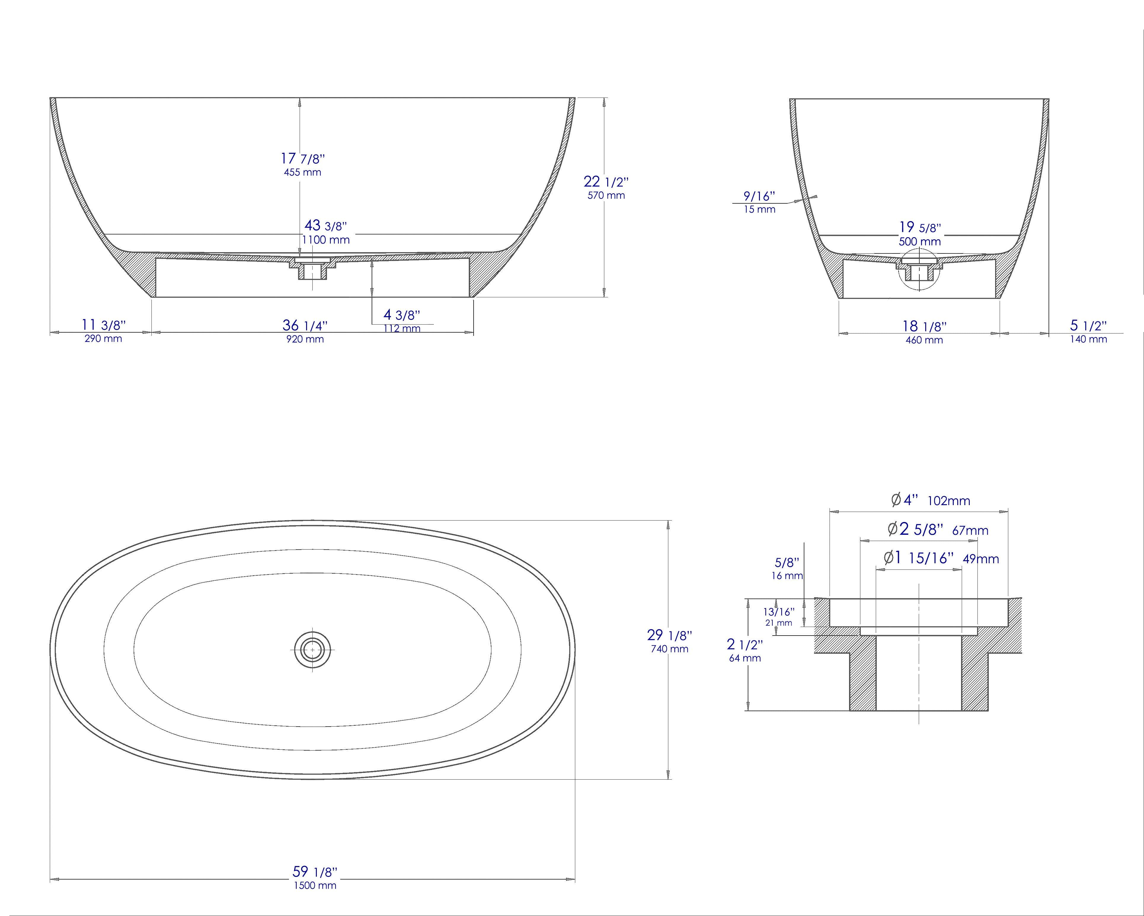 ALFI brand AB9975BM 59" Black & White Matte Oval Solid Surface Resin Soaking Bathtub