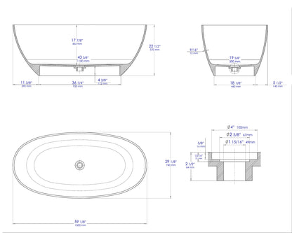 ALFI brand AB9975 59" White Oval Solid Surface Resin Soaking Bathtub