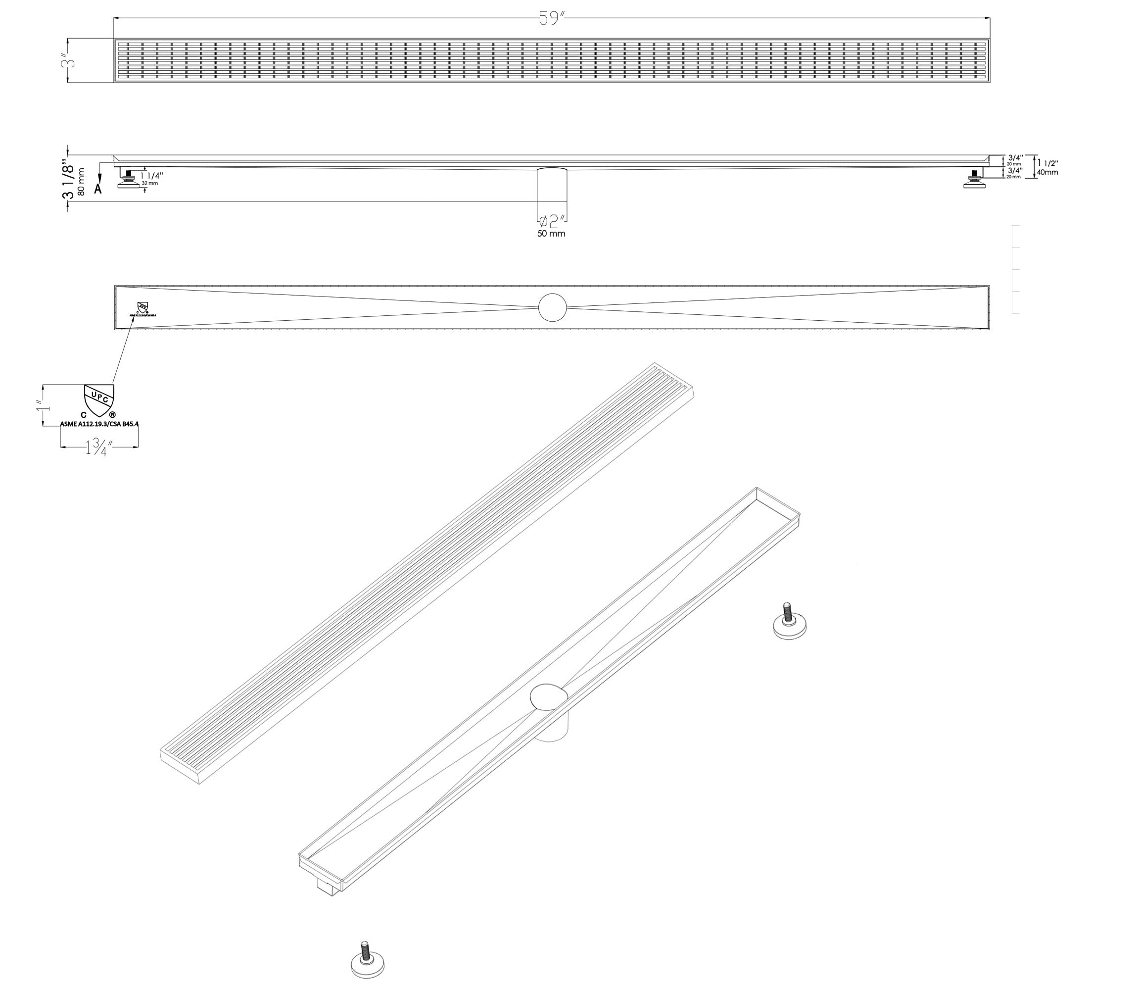 ALFI brand ABLD59D 59" Stainless Steel Linear Shower Drain with Groove Lines
