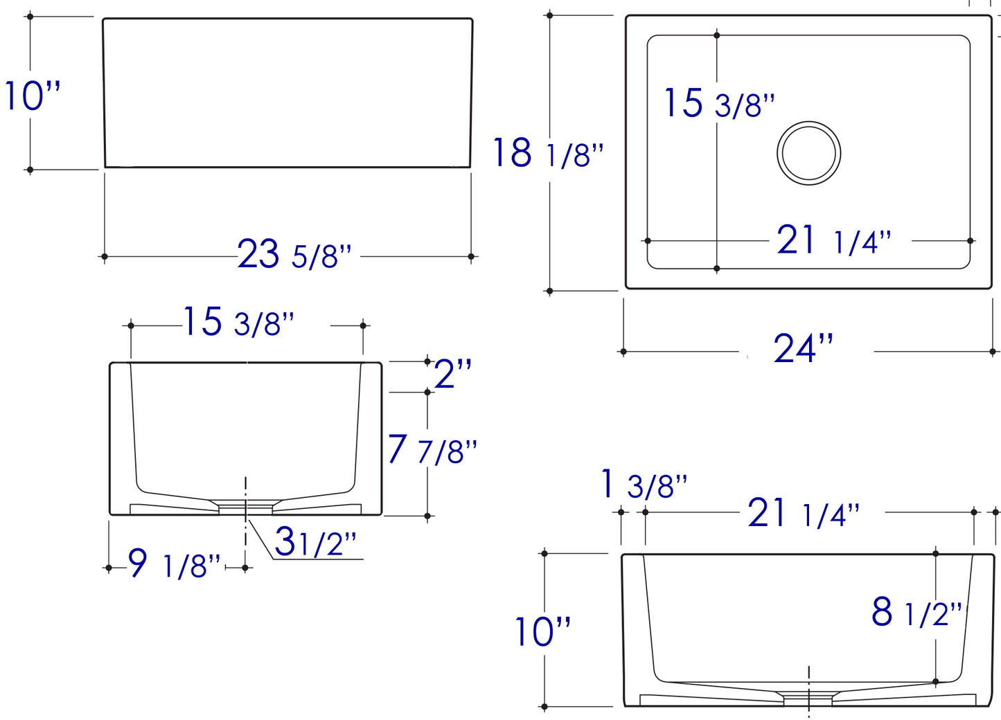 ALFI brand AB2418SB-W  24" White Smooth Thick Wall Fireclay Single Bowl Farm Sink