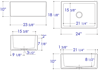 ALFI brand AB2418SB-W  24" White Smooth Thick Wall Fireclay Single Bowl Farm Sink