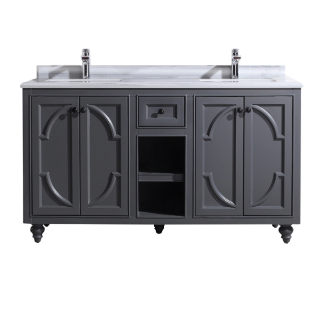 Laviva Odyssey 60" Maple Grey Double Sink Bathroom Vanity Set White Stripes Marble Contertop