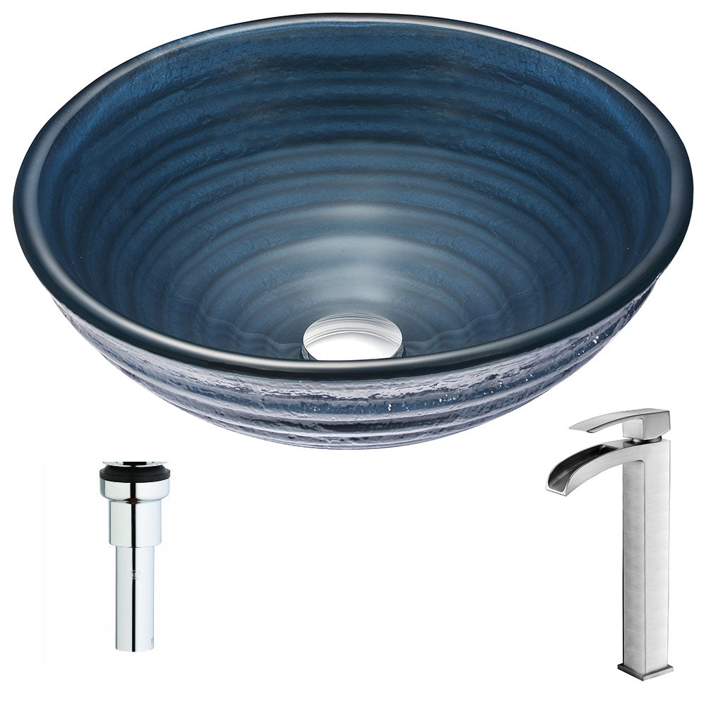 Tempo Series Deco-Glass Vessel Sink in Coiled Blue with Key Faucet
