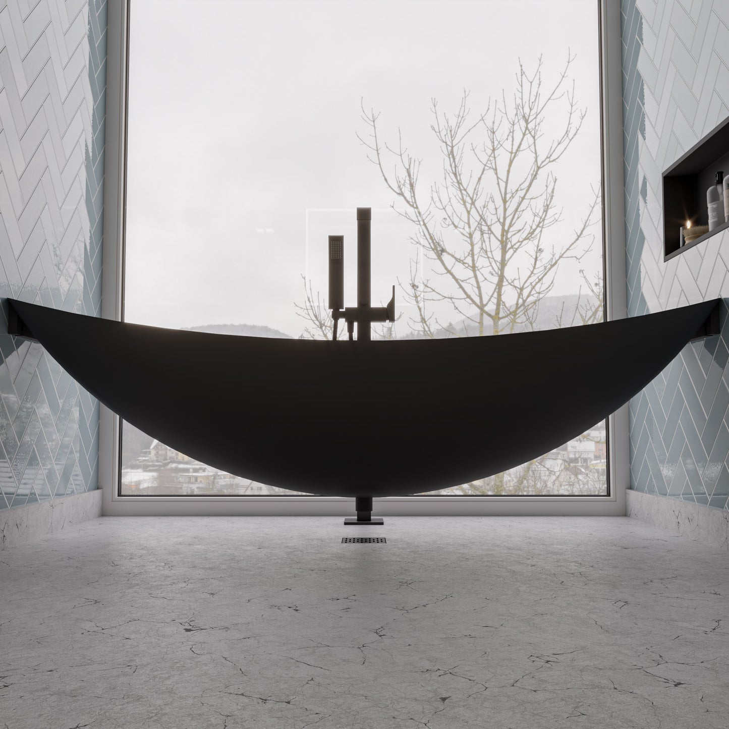 ALFI brand HammockTub1-BM Black Matte 79" Acrylic Suspended Wall Mounted Hammock Bathtub