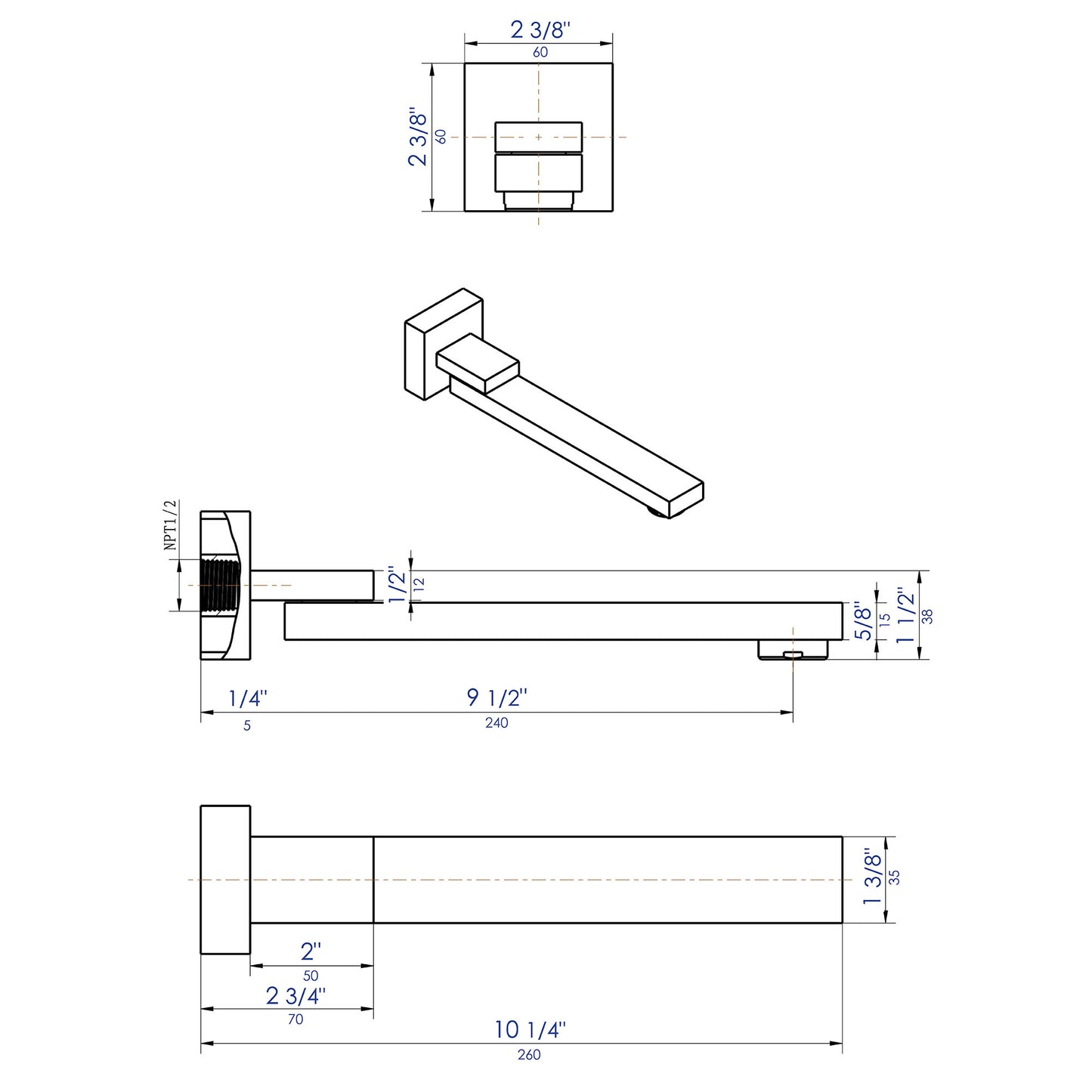 ALFI brand AB7701-BN Brushed Nickel Square Foldable Tub Spout