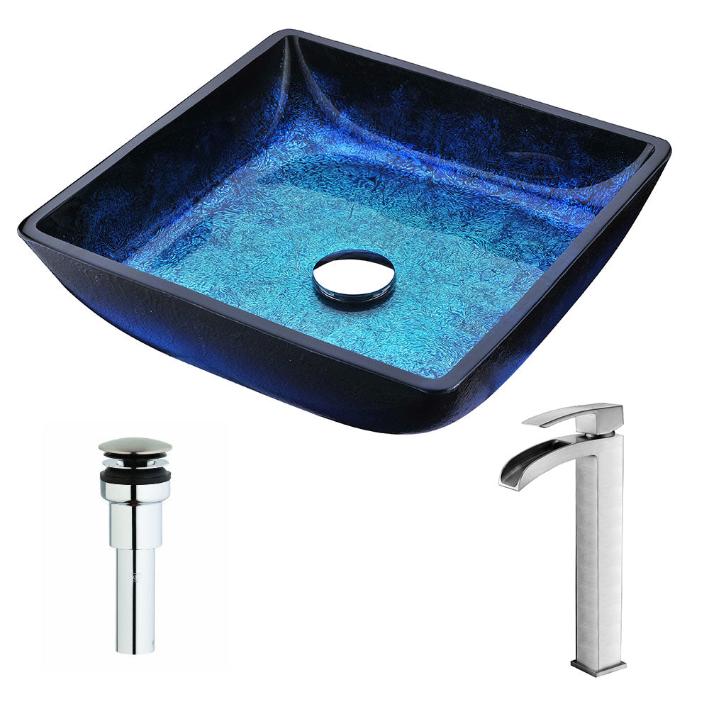 Viace Series Deco-Glass Vessel Sink in Blazing Blue with Key Faucet