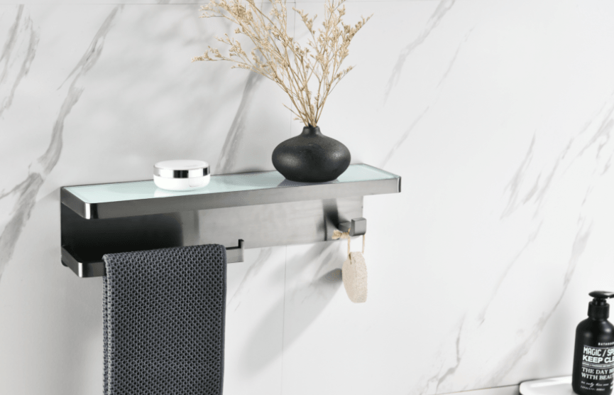 Lexora Bagno Bianca Glass Black / White Shelf w/ Towel Bar & Robe Hook