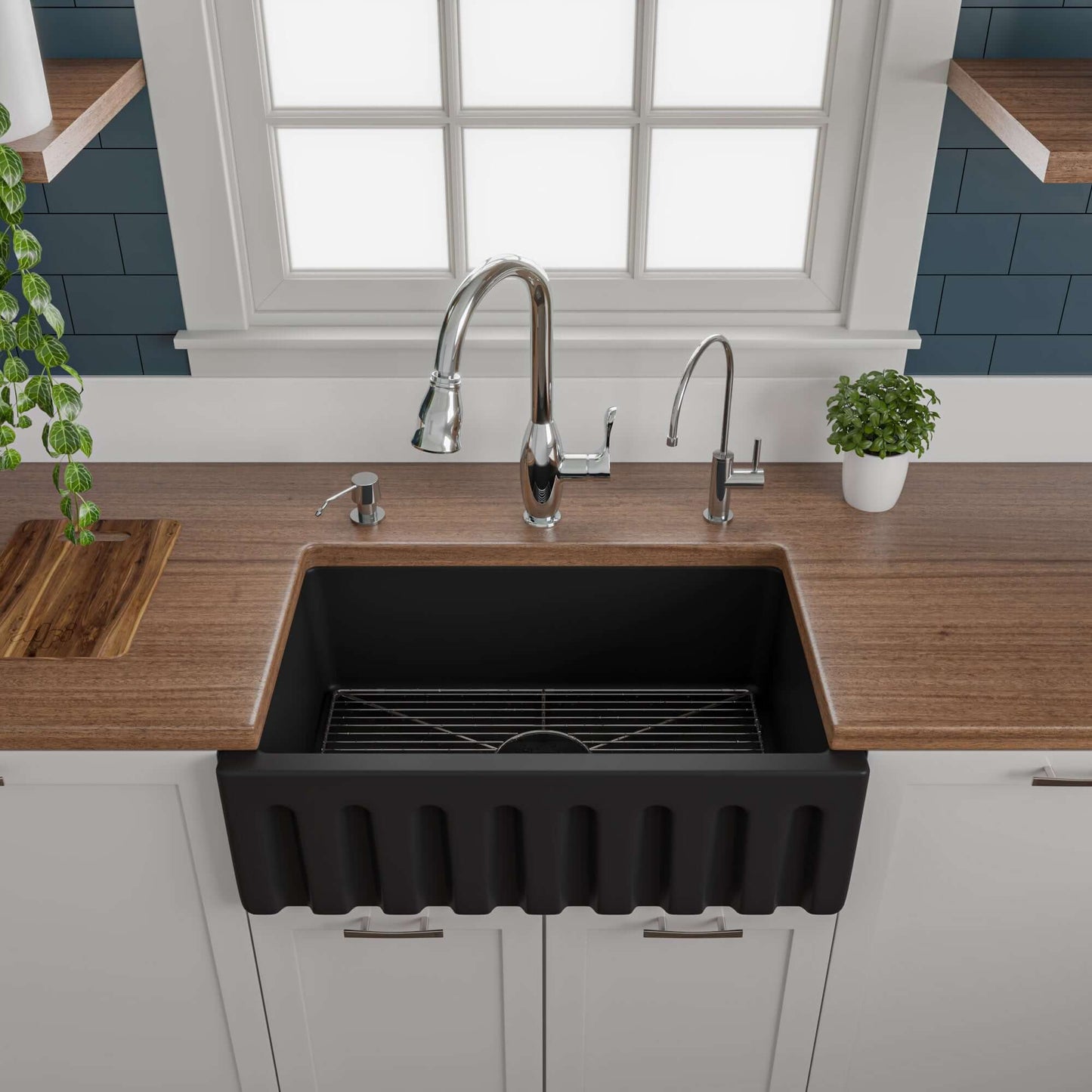 ALFI brand AB3018HS-BM 30" Black Matte Reversible Smooth / Fluted Single Bowl Fireclay Farm Sink