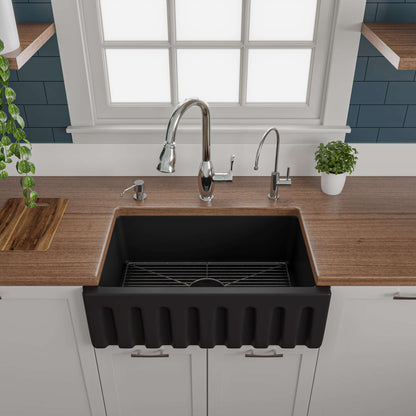 ALFI brand AB3018HS-BM 30" Black Matte Reversible Smooth / Fluted Single Bowl Fireclay Farm Sink