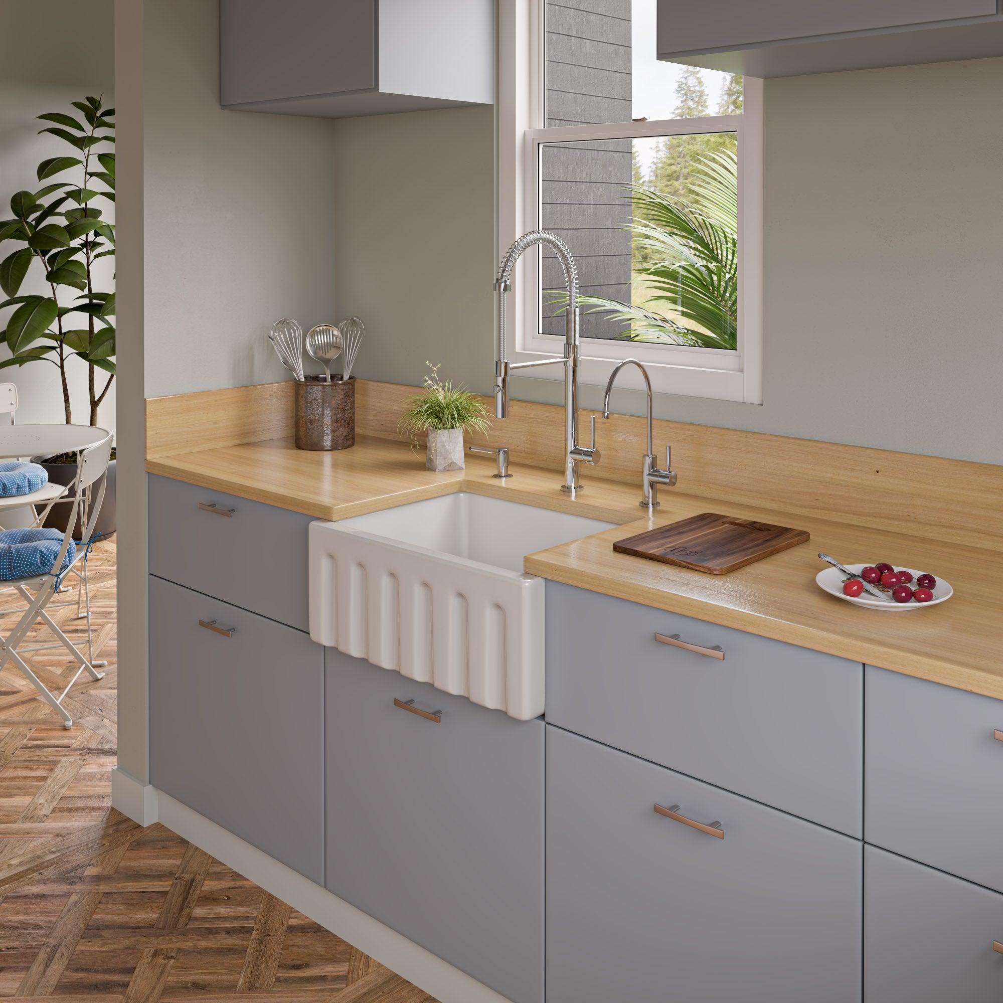 ALFI brand AB2418HS-W 24 inch White Reversible Smooth / Fluted Single Bowl Fireclay Farm Sink