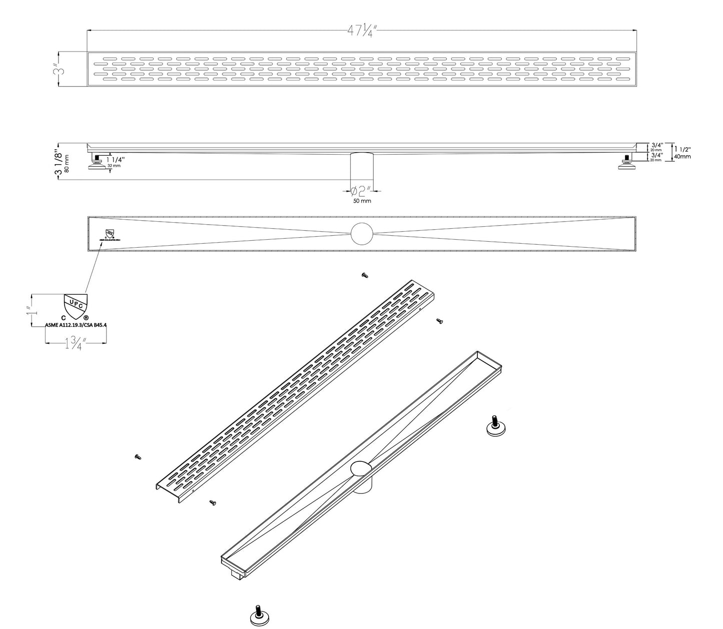 ALFI brand ABLD47C-BM 47" Black Matte Stainless Steel Linear Shower Drain with Groove Holes