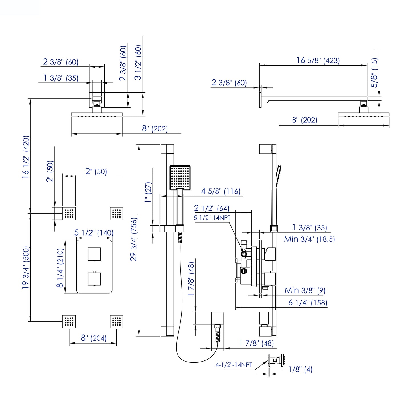 ALFI brand AB2287-PC Polished Chrome 3 Way Thermostatic Shower Set with Body Sprays