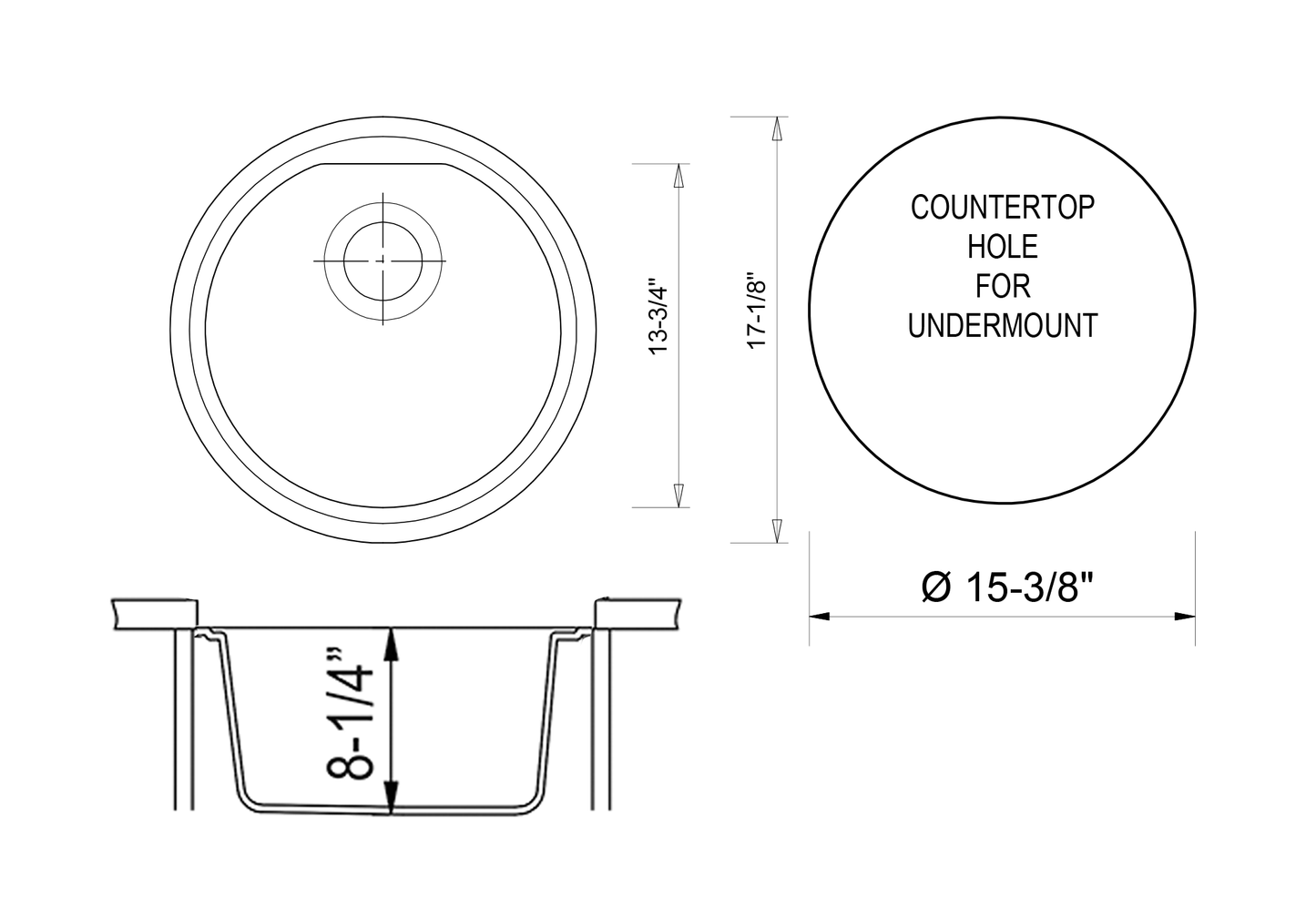 ALFI brand AB1717UM-BLA Black 17" Undermount Round Granite Composite Kitchen Prep Sink