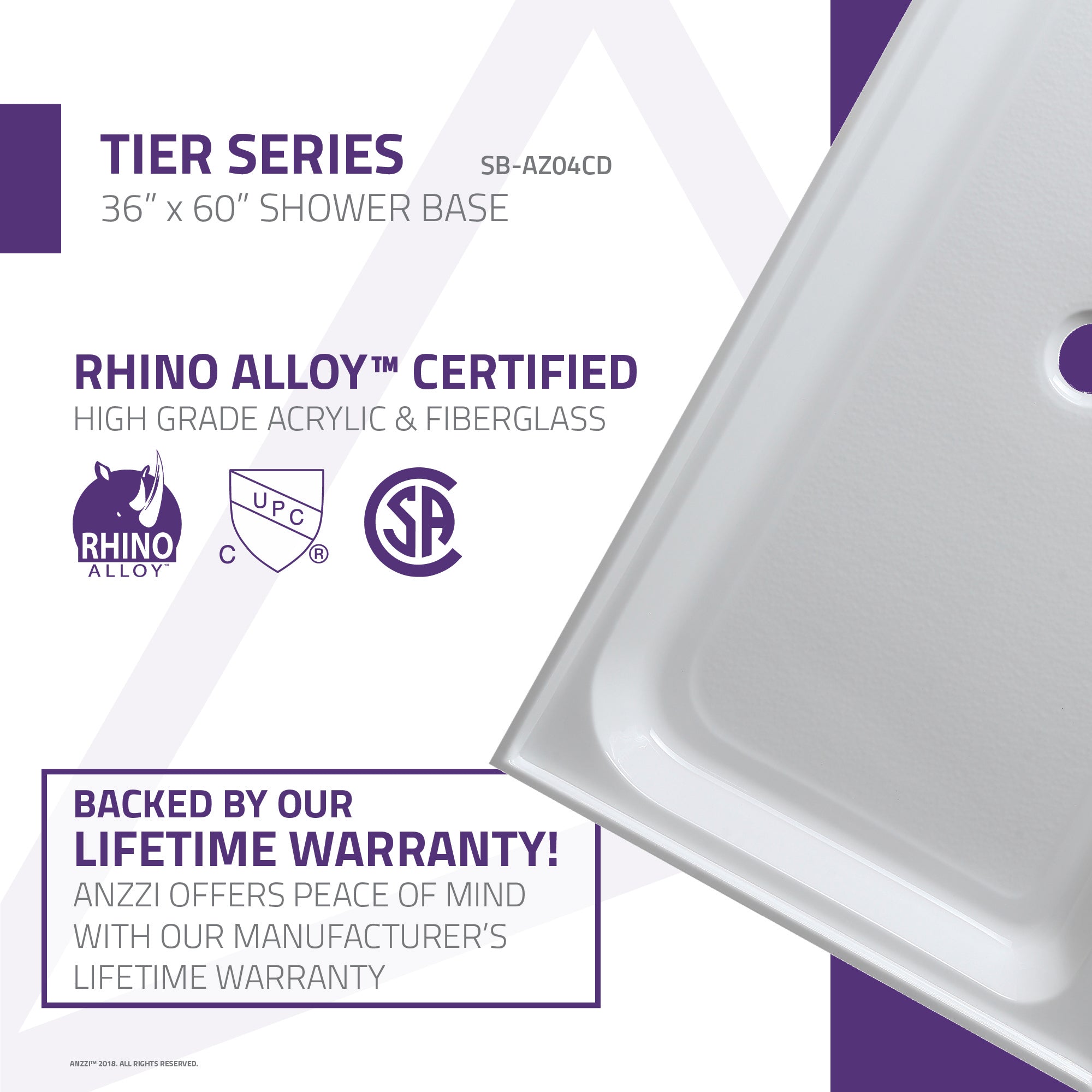 Tier 36 x 60 in. Center Drain Single Threshold Shower Base