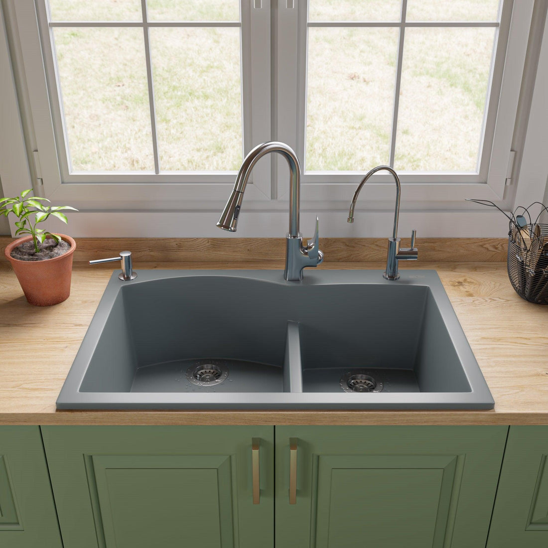 ALFI brand AB3320DI-T Titanium 33" Double Bowl Drop In Granite Composite Kitchen Sink