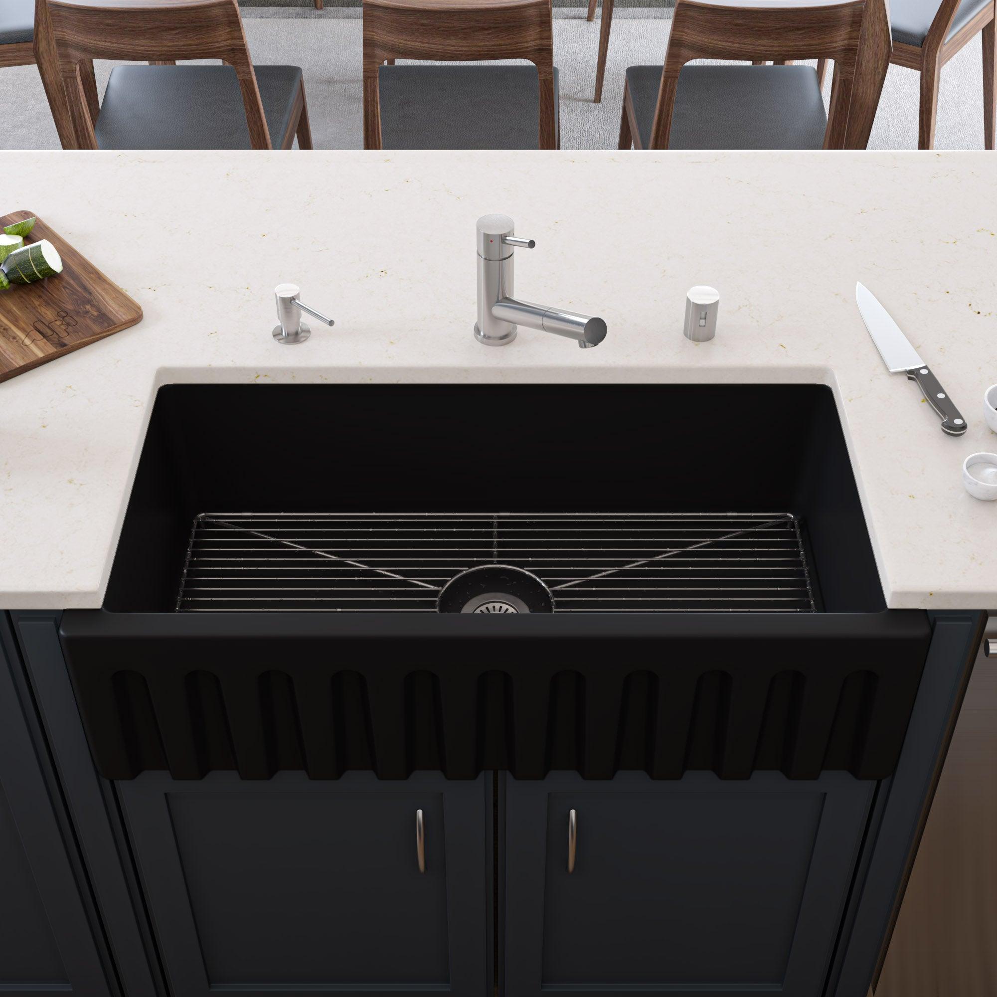 ALFI brand AB3618HS-BM 36" Black Matte Reversible Smooth / Fluted Single Bowl Fireclay Farm Sink