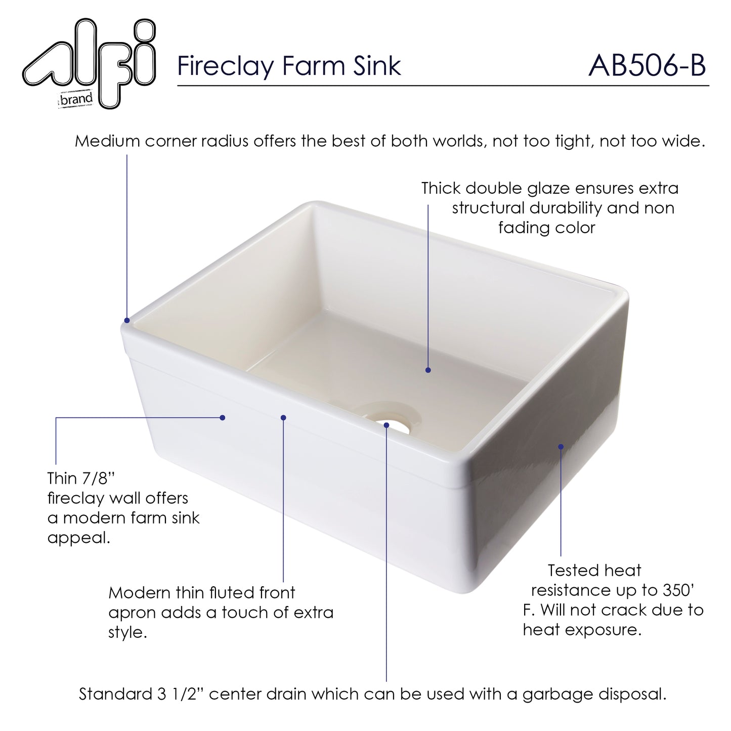 ALFI brand AB506-B Biscuit 26" Decorative Lip Apron Single Bowl Fireclay Farmhouse Kitchen Sink