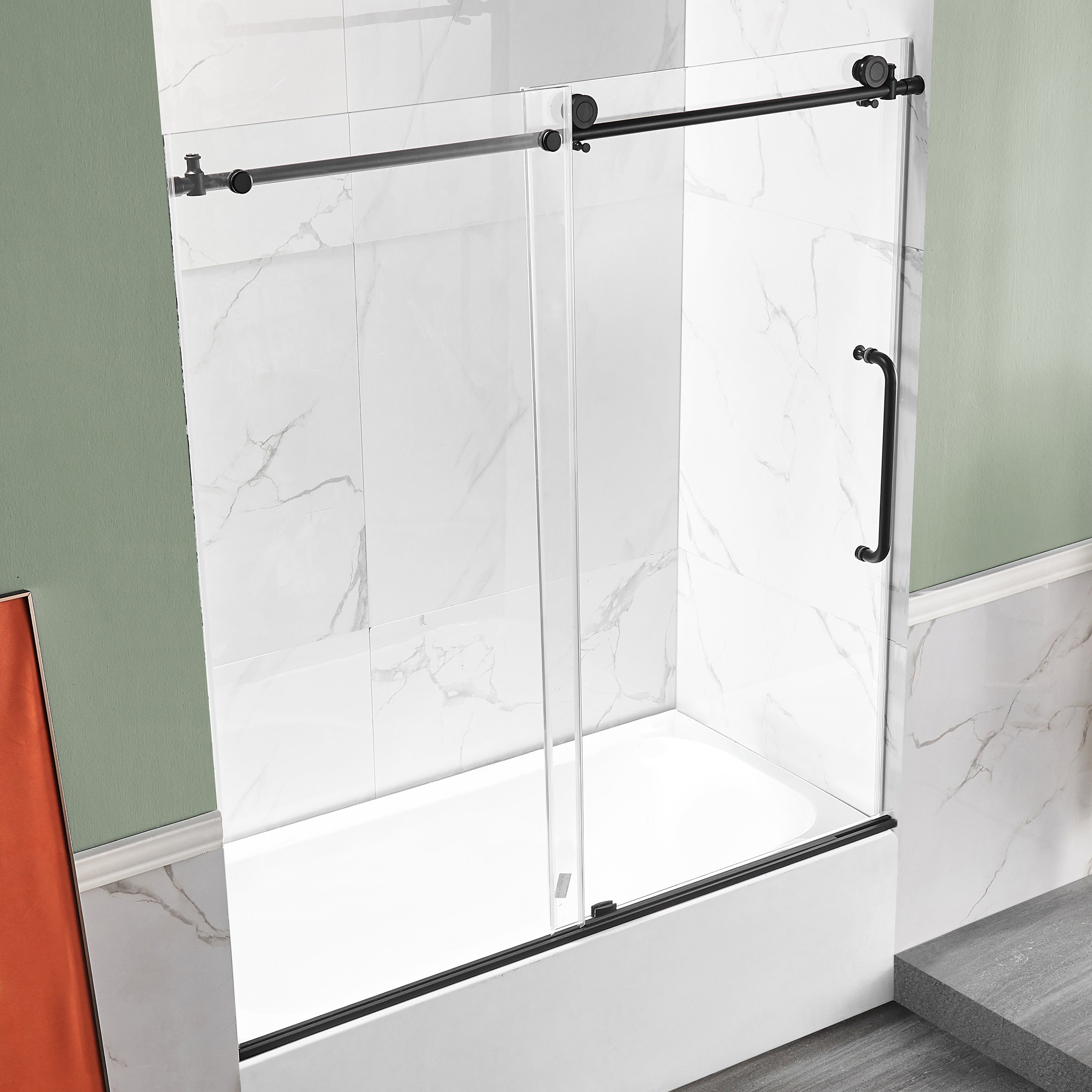 Anzzi 5 ft. Acrylic Rectangle Tub in White With 60 in. x 62 in. Frameless Sliding Tub Door