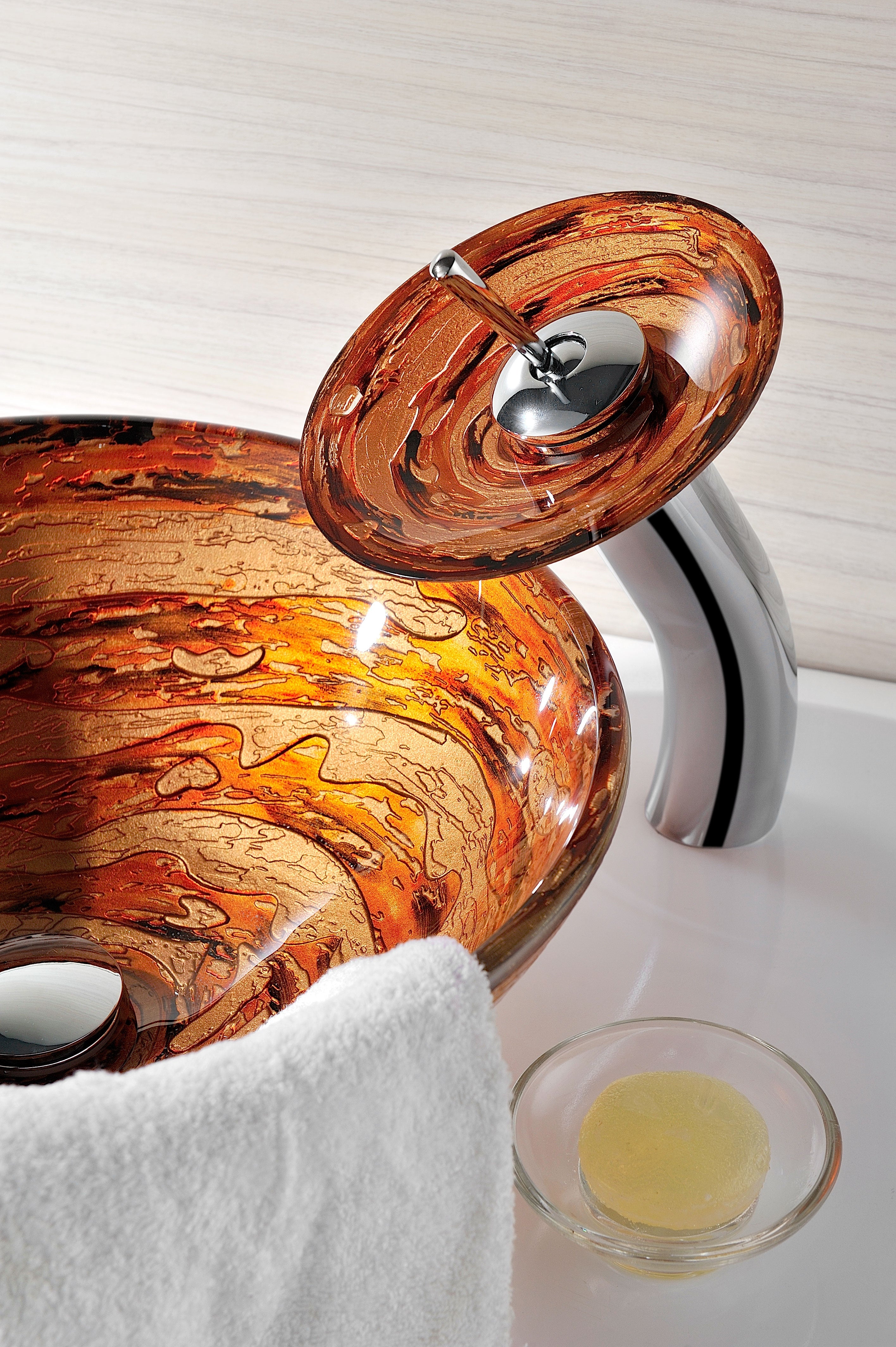 Stanza Series Vessel Sink in Brown with Pop-Up Drain and Matching Faucet in Lustrous Brown