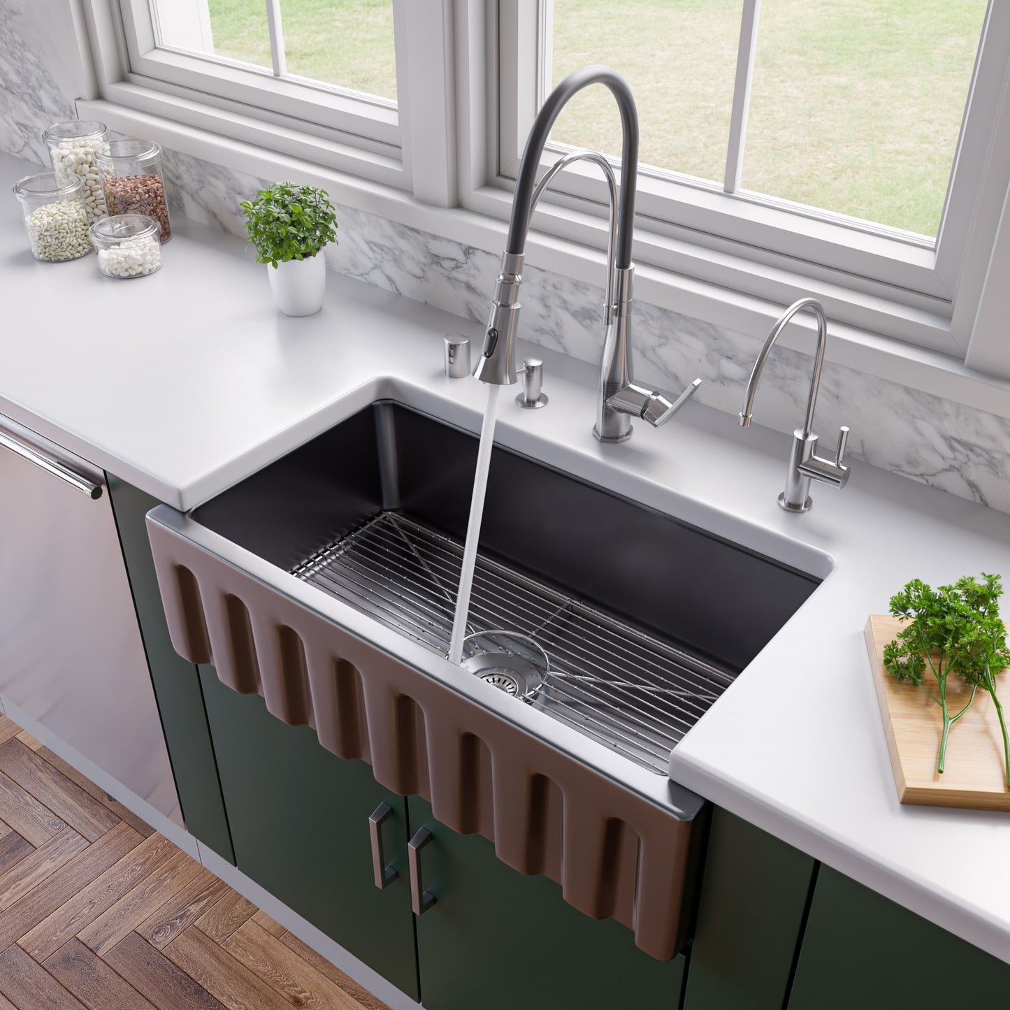 ALFI brand AB3318HS-BG Black Gloss 33" x 18" Reversible Fluted / Smooth Fireclay Farm Sink