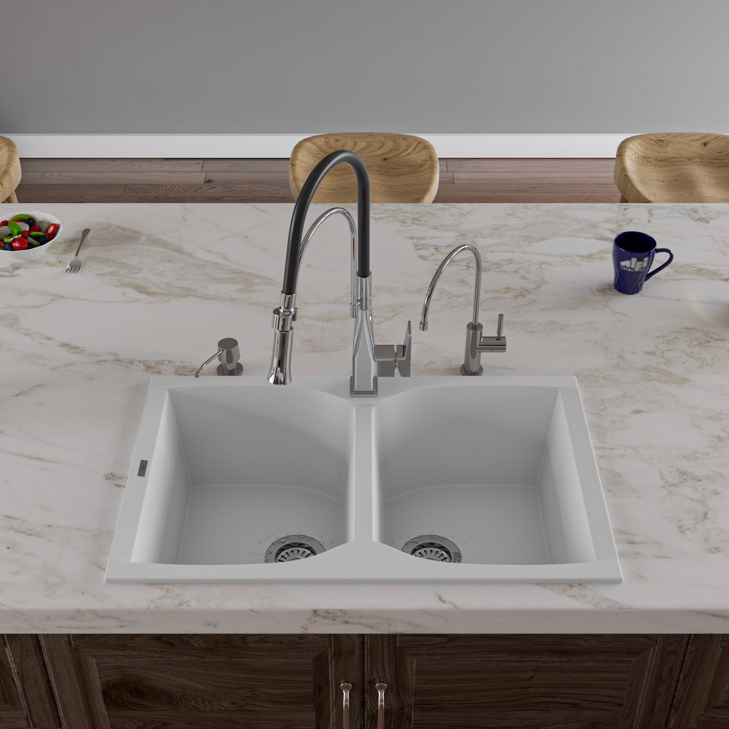 ALFI brand AB3220DI-W White 32" Drop-In Double Bowl Granite Composite Kitchen Sink