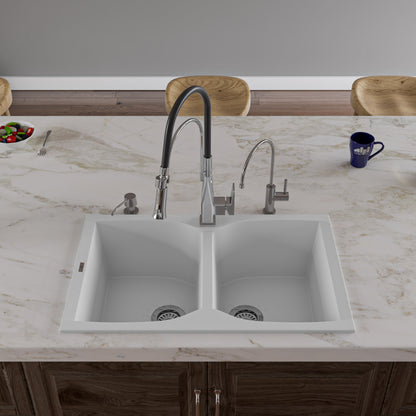 ALFI brand AB3220DI-W White 32" Drop-In Double Bowl Granite Composite Kitchen Sink