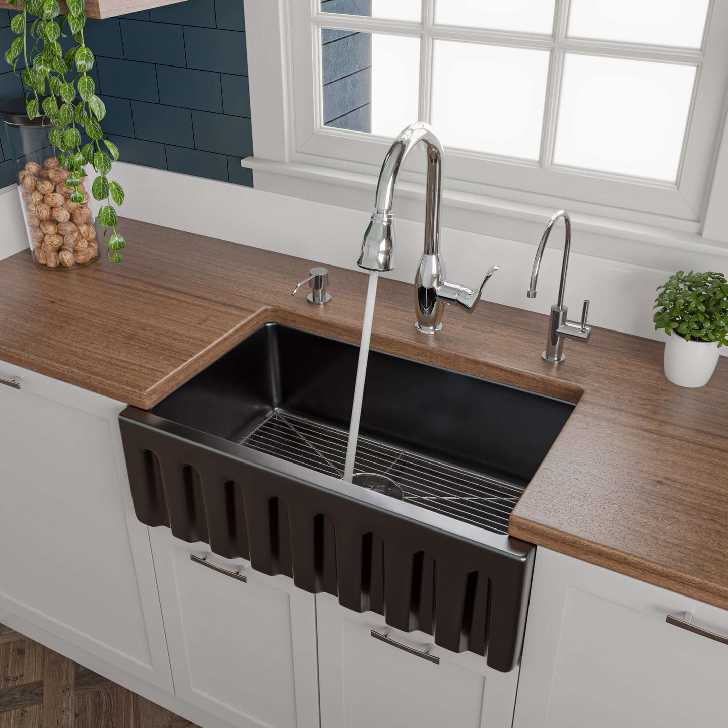 ALFI brand AB3018HS-BG 30" Black Gloss Reversible Smooth / Fluted Single Bowl Fireclay Farm Sink