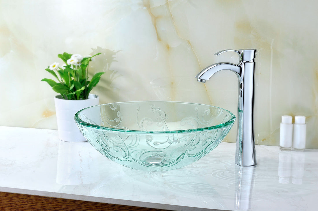 Vieno Series Vessel Sink with Pop-Up Drain in Crystal Clear Floral