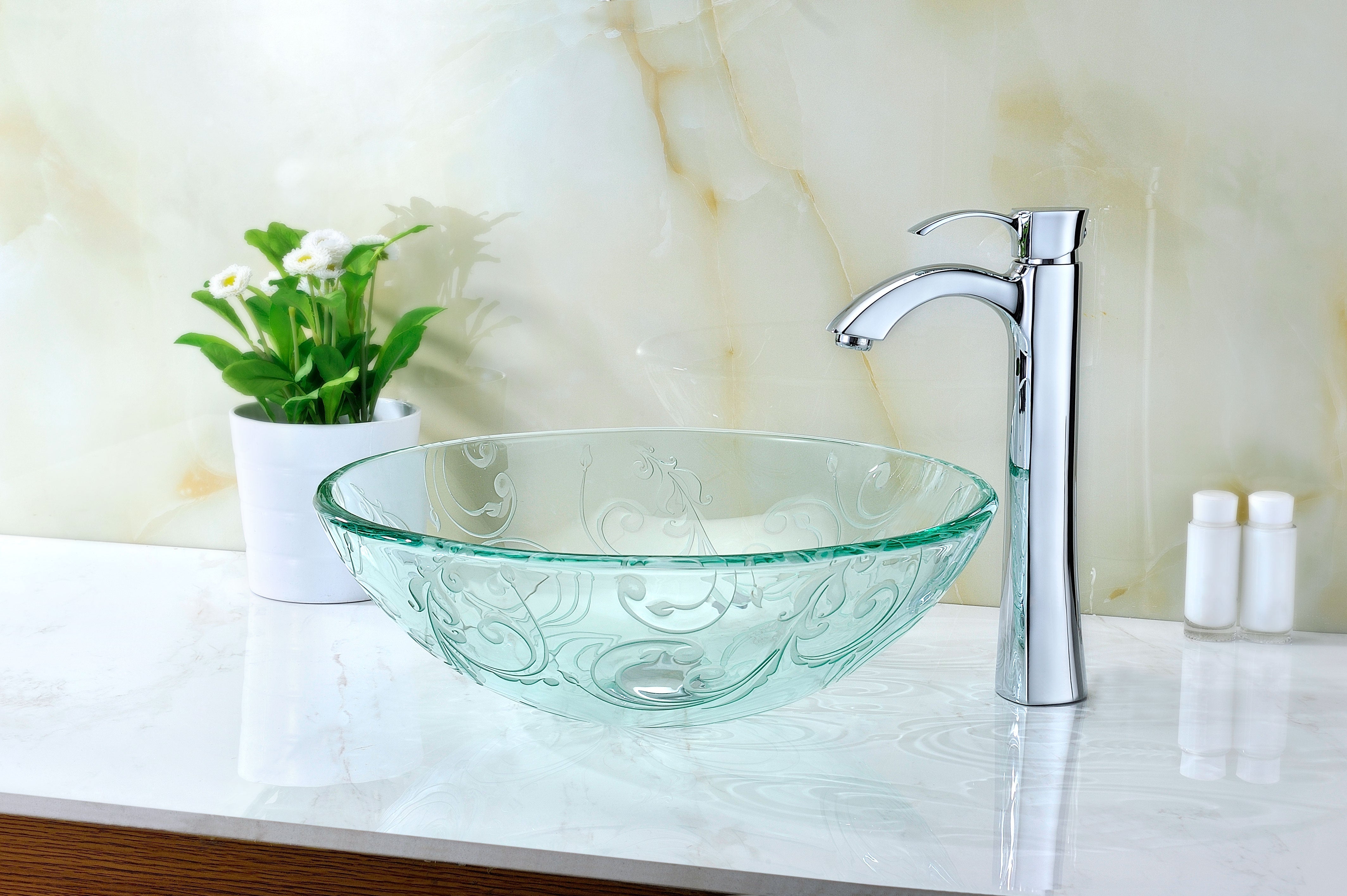 Vieno Series Vessel Sink with Pop-Up Drain in Crystal Clear Floral