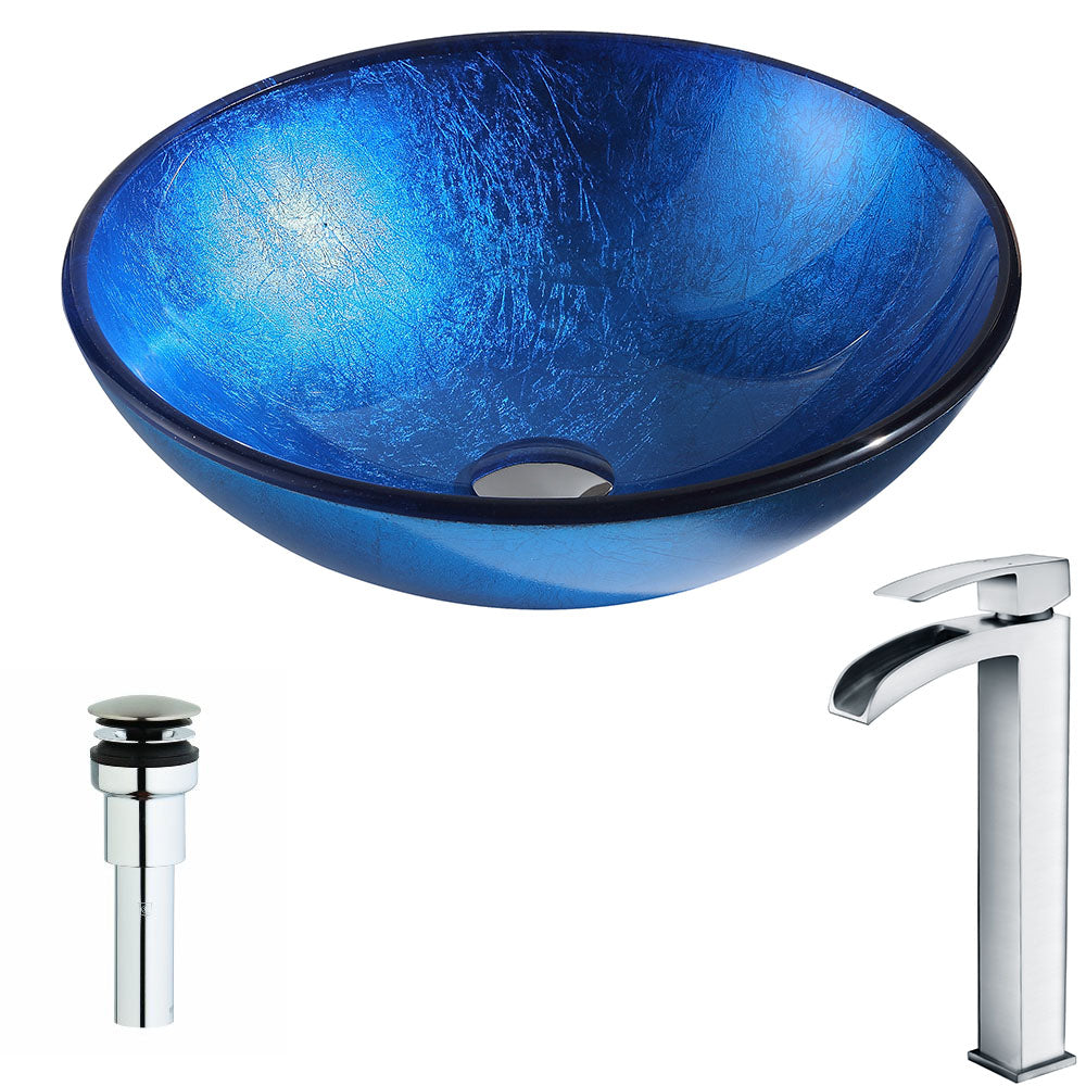 Clavier Series Deco-Glass Vessel Sink in Lustrous Blue with Key Faucet