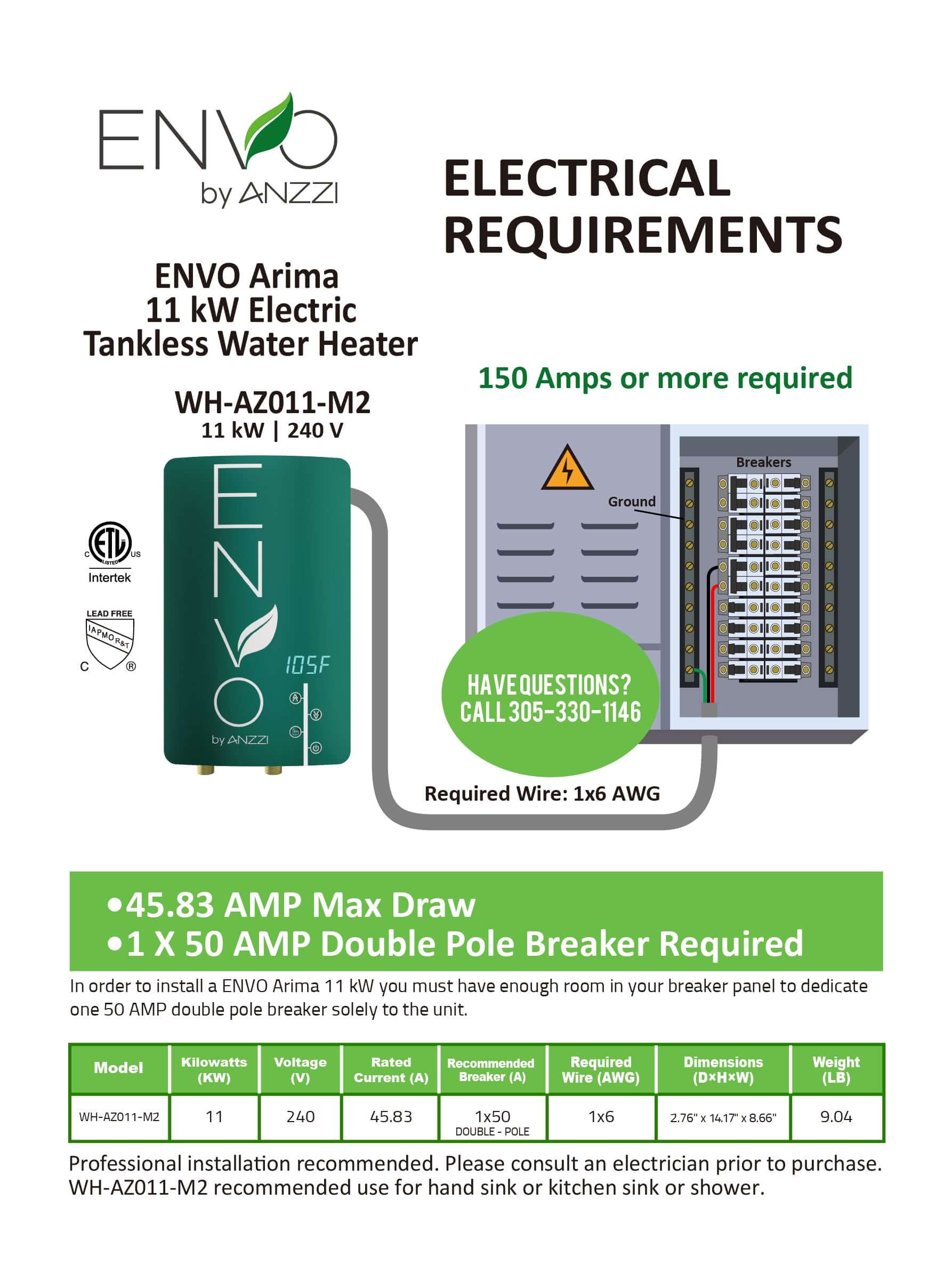 ENVO Arima 11 kW Tankless Electric Water Heater