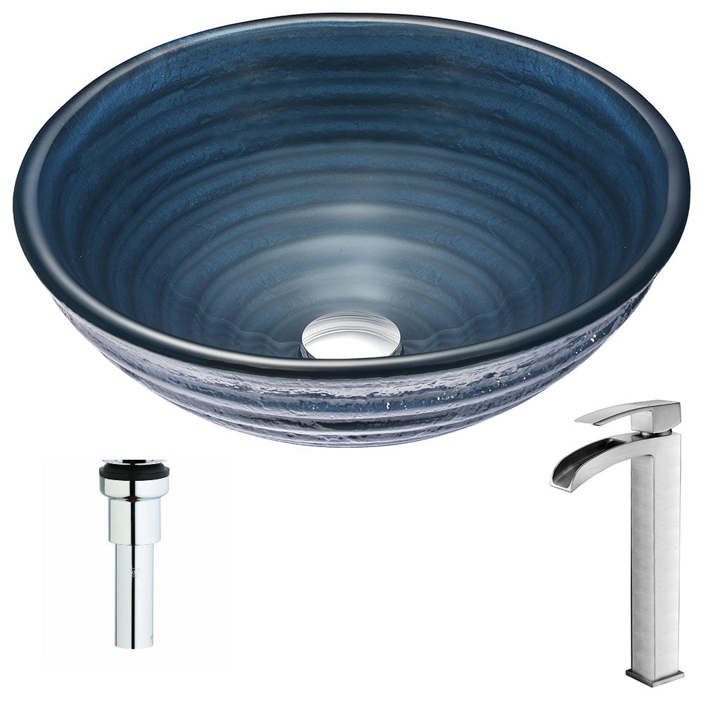 Tempo Series Deco-Glass Vessel Sink in Coiled Blue with Key Faucet