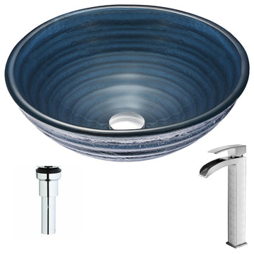 Tempo Series Deco-Glass Vessel Sink in Coiled Blue with Key Faucet