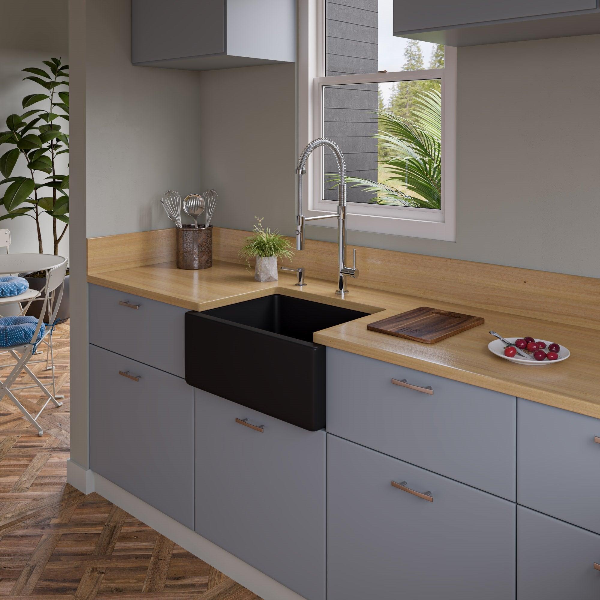 ALFI brand AB2418HS-BM 24" Black Matte Reversible Smooth / Fluted Single Bowl Fireclay Farm Sink