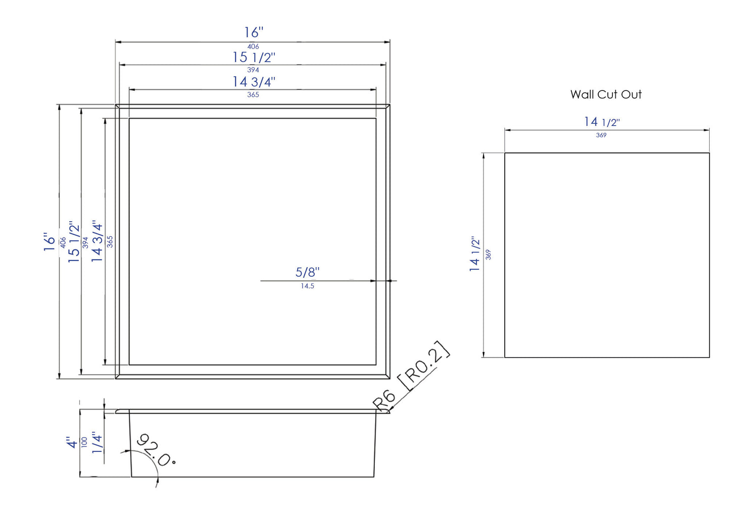 ALFI brand ABNC1616-W 16" x 16" White Matte Stainless Steel Square Single Shelf Bath Shower Niche