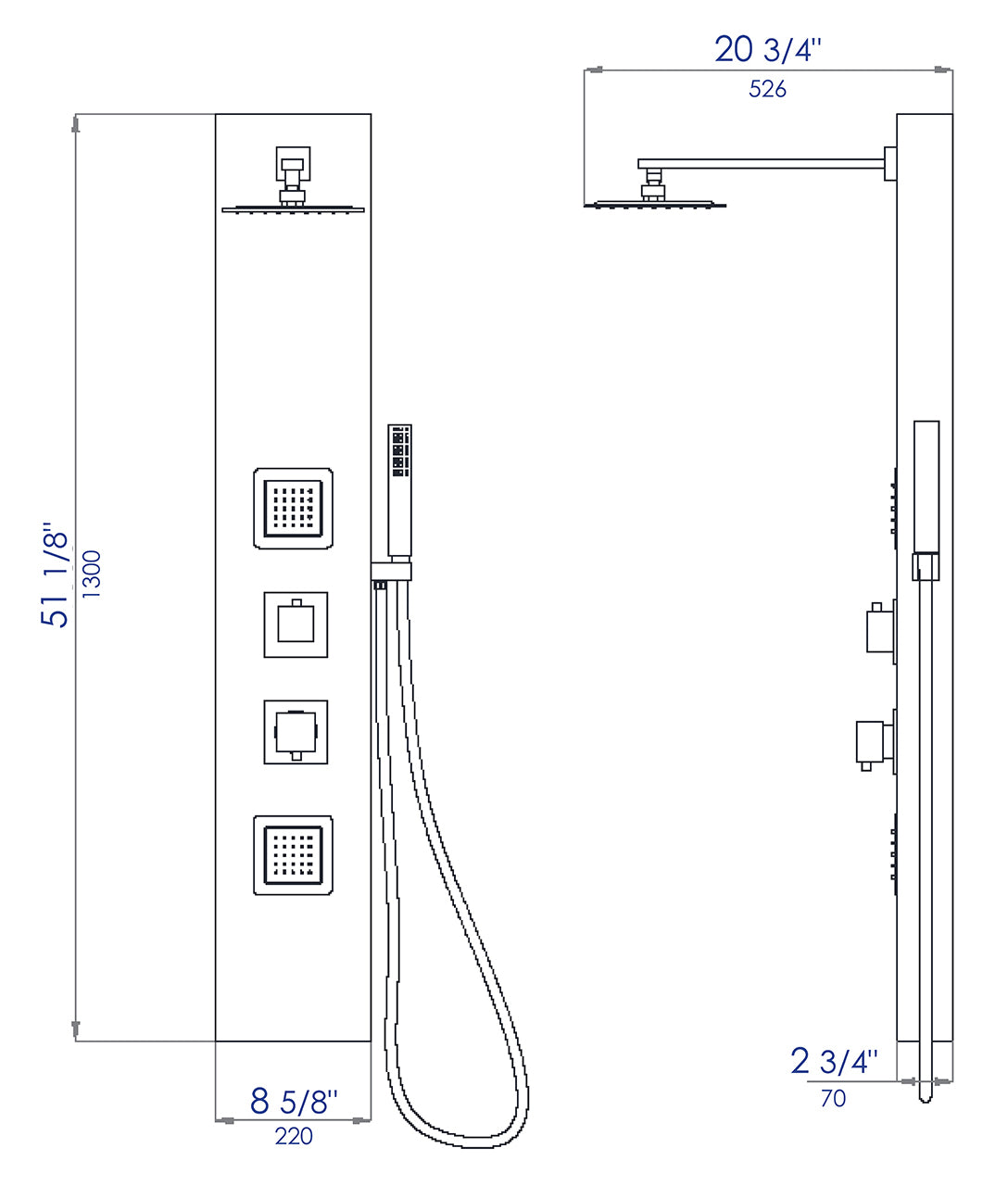 ALFI brand ABSP65B Black Aluminum Shower Panel with 2 Body Sprays and Rain Shower Head