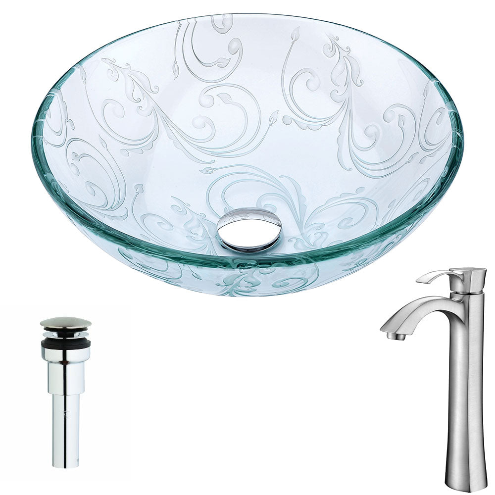 Vieno Series Deco-Glass Vessel Sink in Crystal Clear Floral with Harmony Faucet