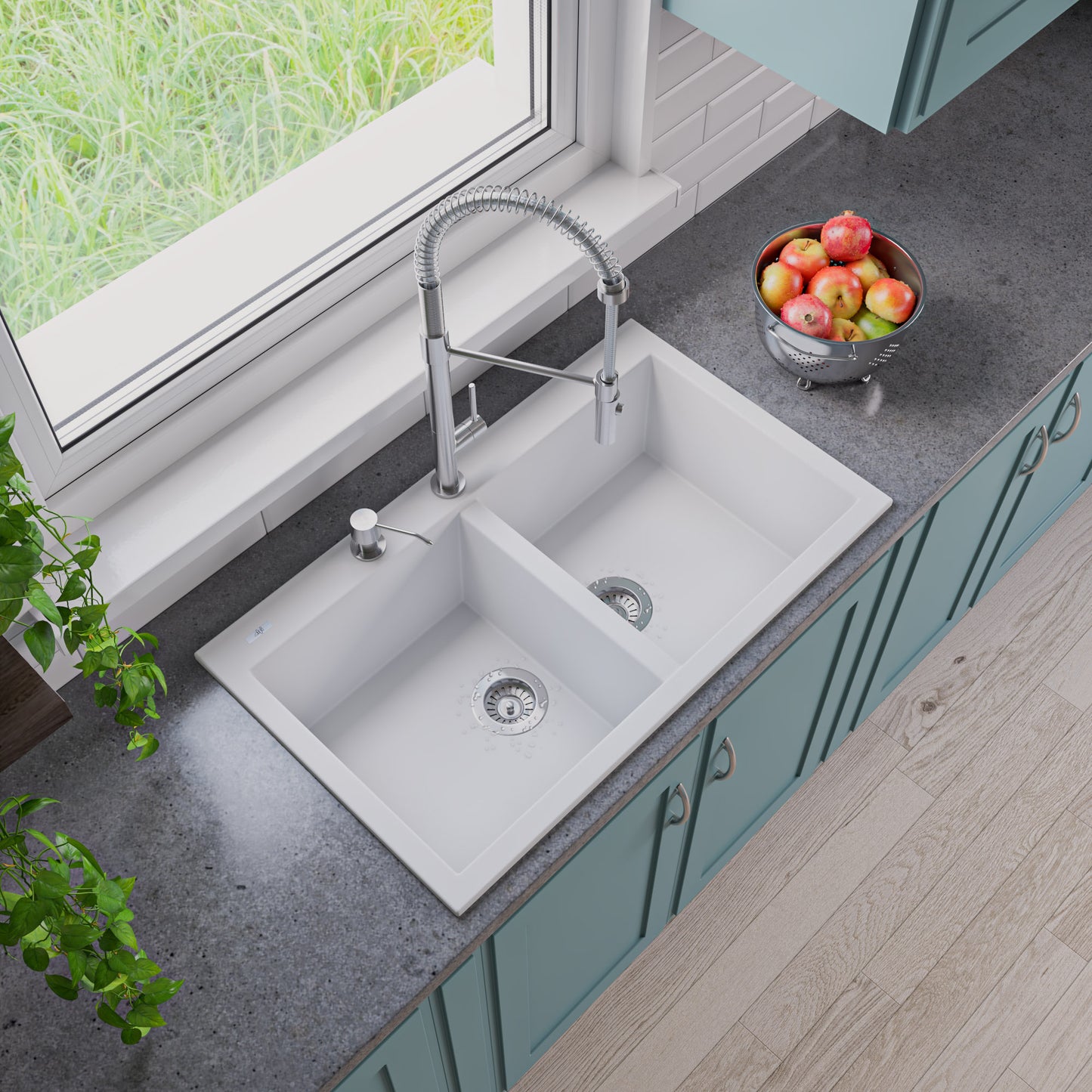 ALFI brand AB3420DI-W White 34" Drop-In Double Bowl Granite Composite Kitchen Sink