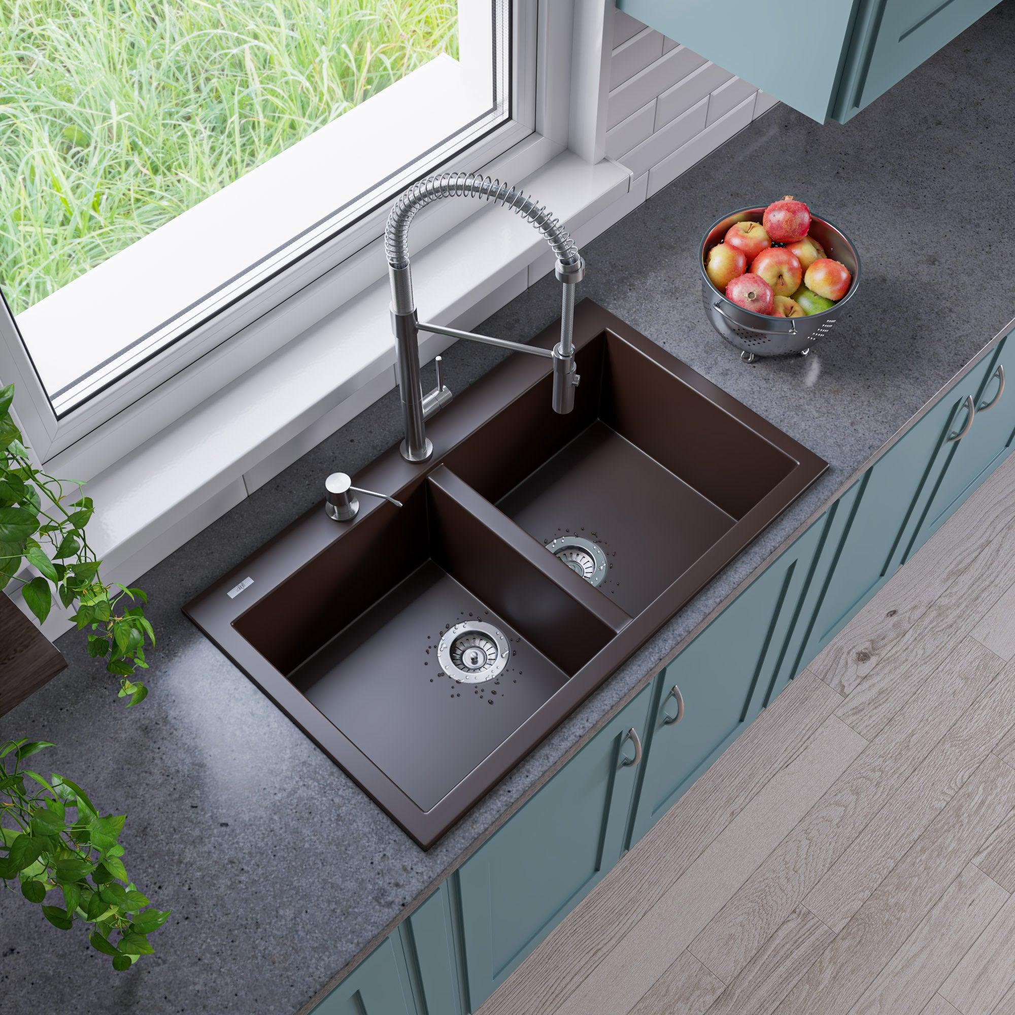 ALFI brand AB3420DI-C Chocolate 34" Drop-In Double Bowl Granite Composite Kitchen Sink
