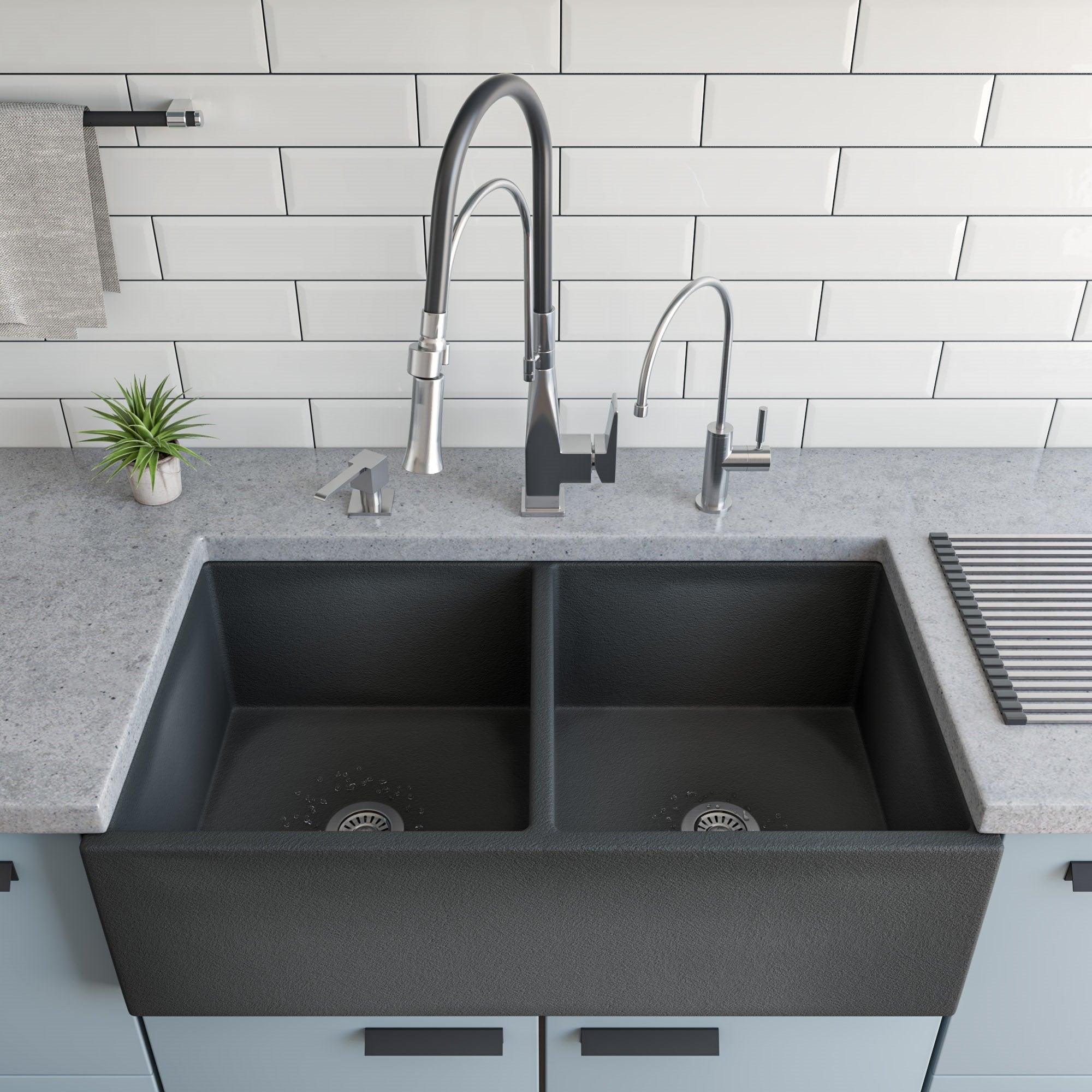 ALFI brand ABCO3318DB Concrete Color 33 inch Reversible Double Fireclay Farmhouse Kitchen Sink