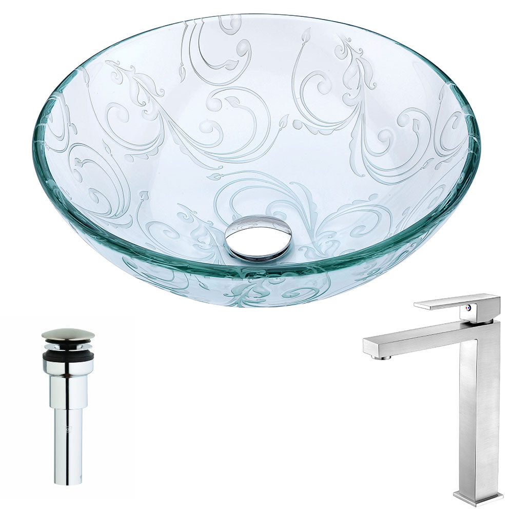 Vieno Series Deco-Glass Vessel Sink in Crystal Clear Floral with Enti Faucet