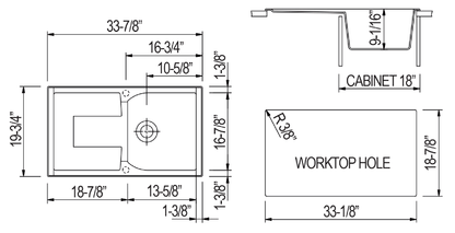 ALFI brand AB1620DI-W White 34" Single Bowl Granite Composite Kitchen Sink with Drainboard