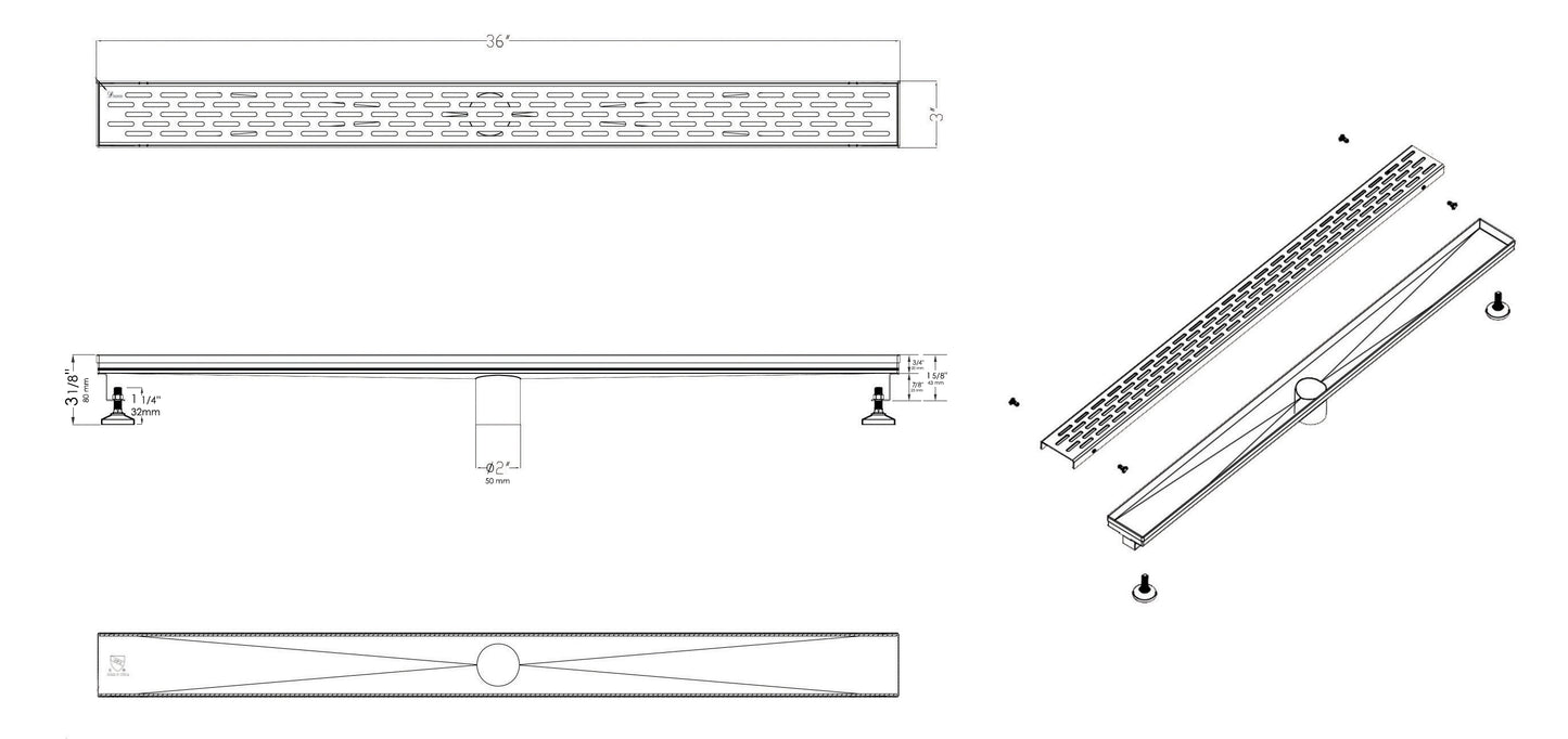 ALFI brand ABLD36C 36" Modern Stainless Steel Linear Shower Drain with Groove Holes