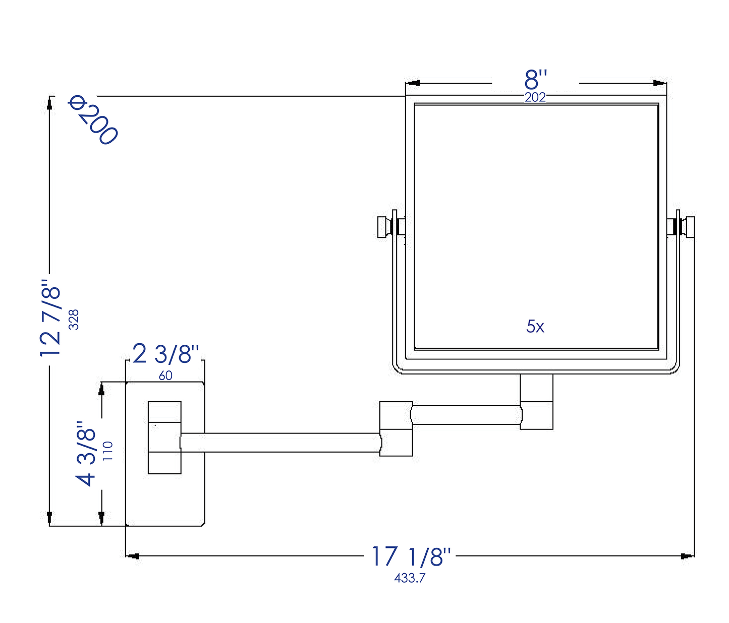 ALFI brand ABM8WS-PC 8" Square Wall Mounted 5x Magnify Cosmetic Mirror