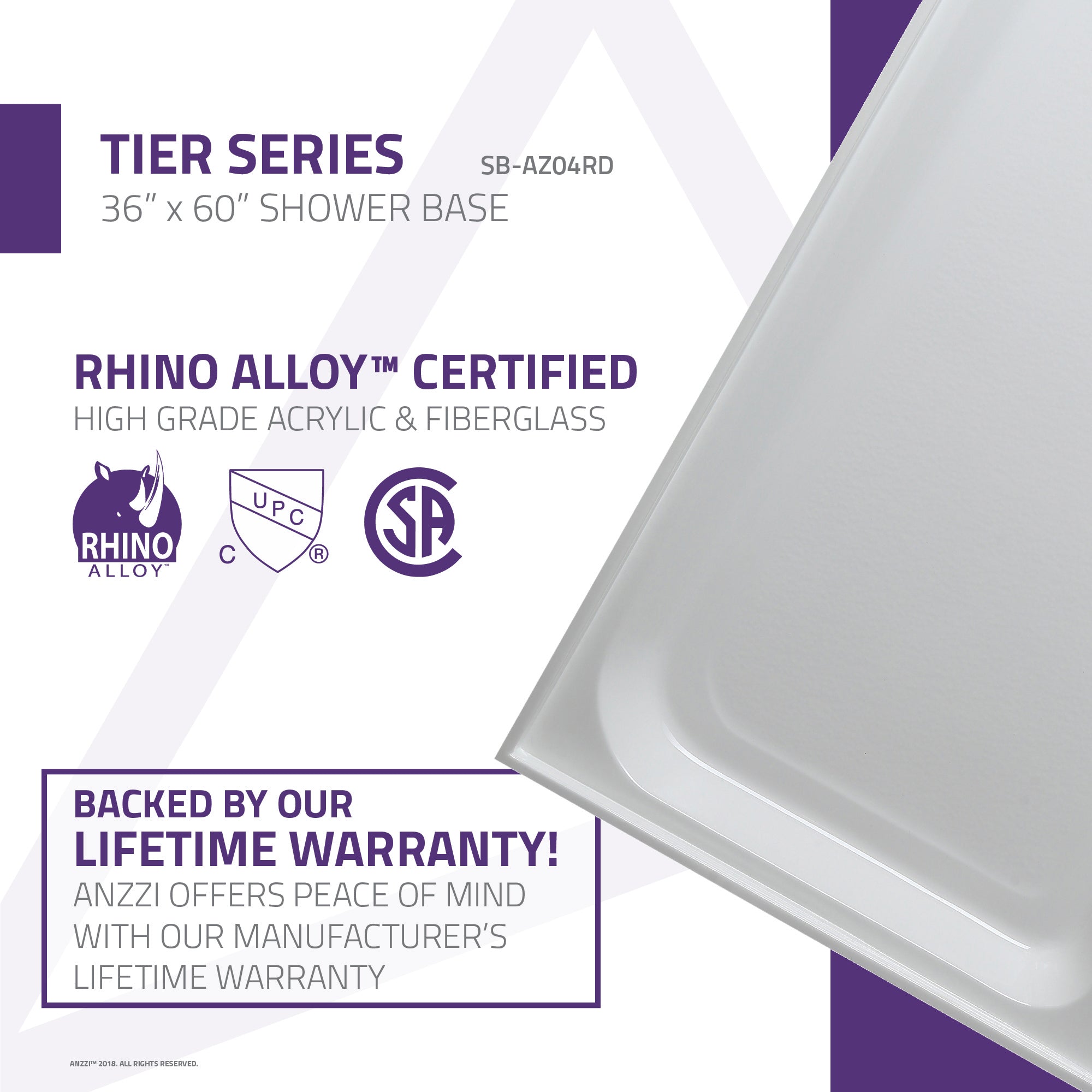 Tier 36 x 60 in. Center Drain Single Threshold Shower Base