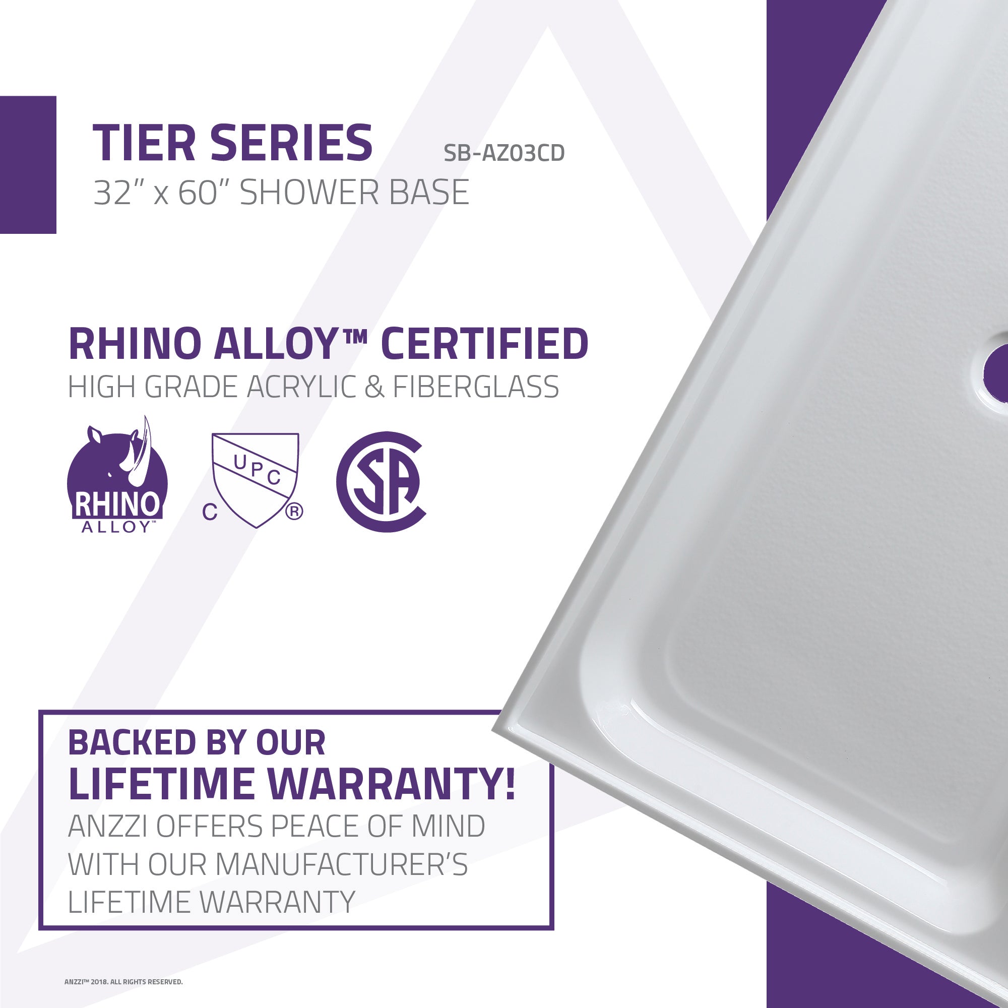 Tier 32 x 60 in. Center Drain Single Threshold Shower Base in White