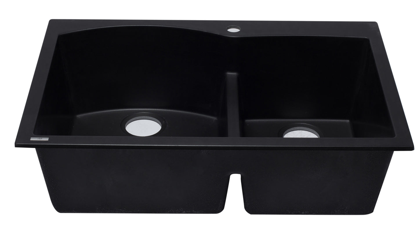 ALFI brand AB3320DI-BLA Black 33" Double Bowl Drop In Granite Composite Kitchen Sink