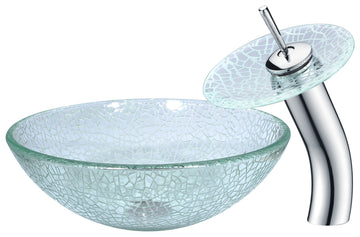 Paeva Series Deco-Glass Vessel Sink in Crystal Clear Chipasi with Matching Chrome Waterfall Faucet