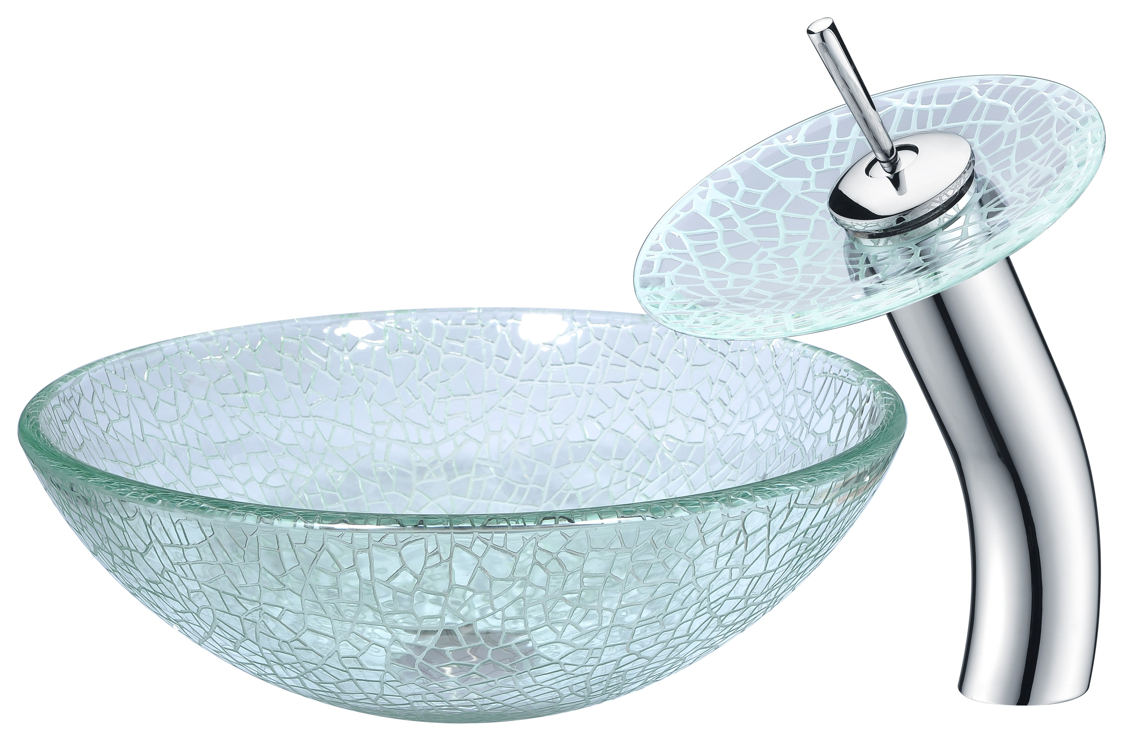 Paeva Series Deco-Glass Vessel Sink in Crystal Clear Chipasi with Matching Chrome Waterfall Faucet