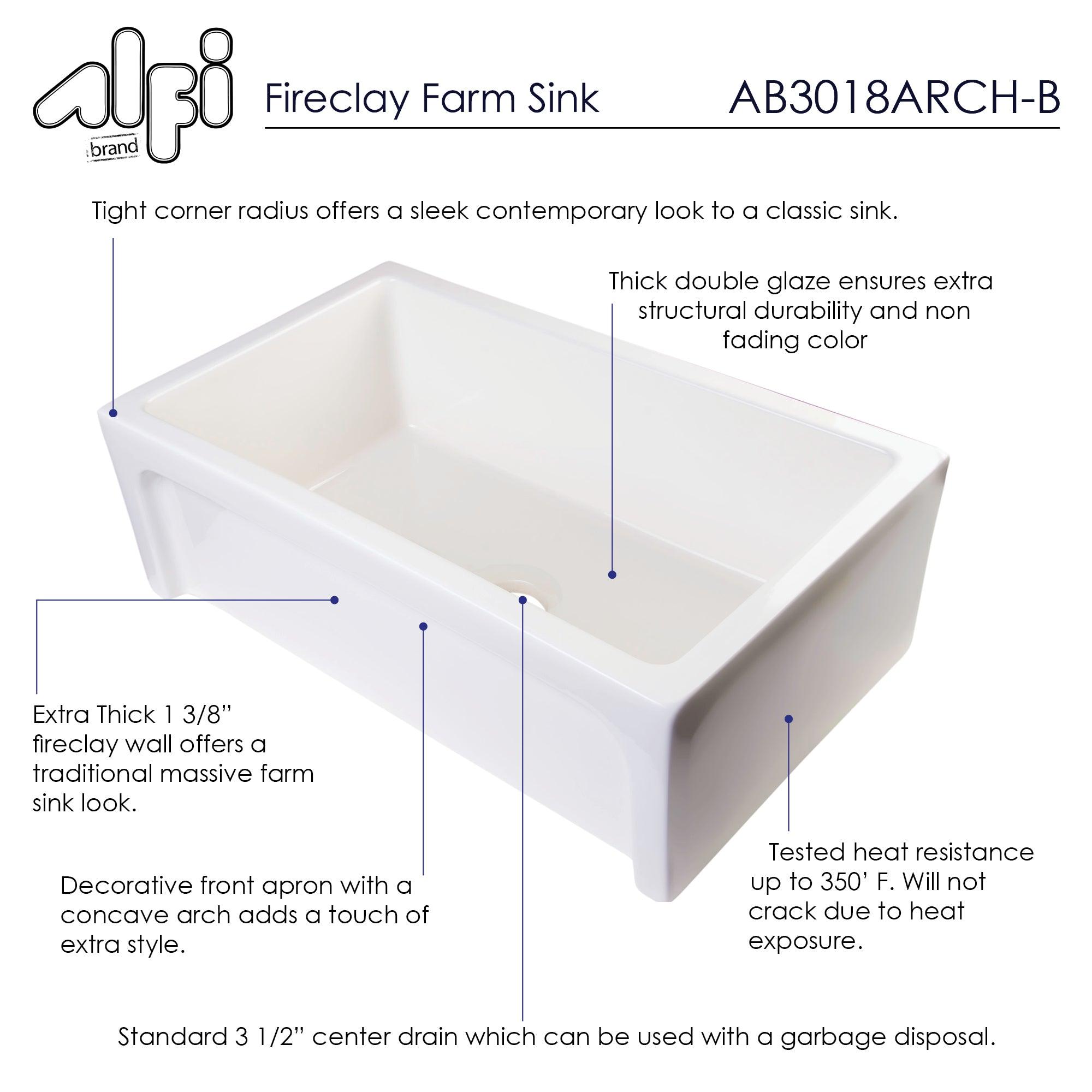 ALFI brand AB3018ARCH-B  30" Biscuit Arched Apron Thick Wall Fireclay Single Bowl Farm Sink